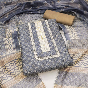 Blue Digital Printed With Embroidered Chanderi Dress Material