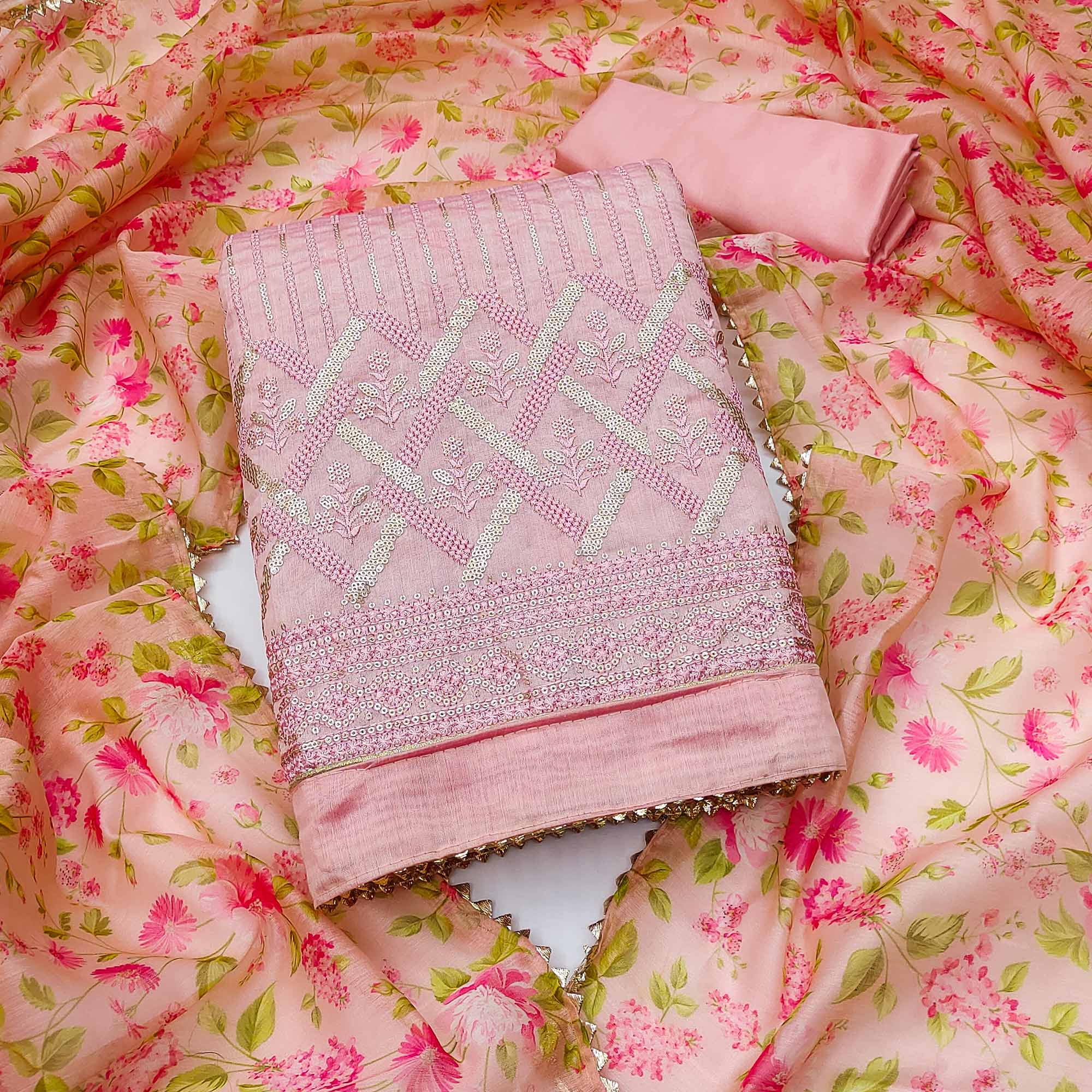 Pink Sequins Embroidered Chanderi Dress Material