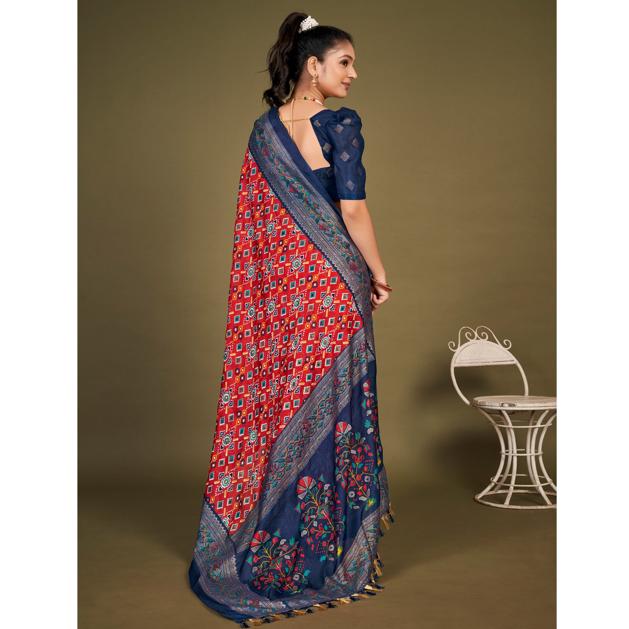 Red Printed Jute Patola Saree With Tassels
