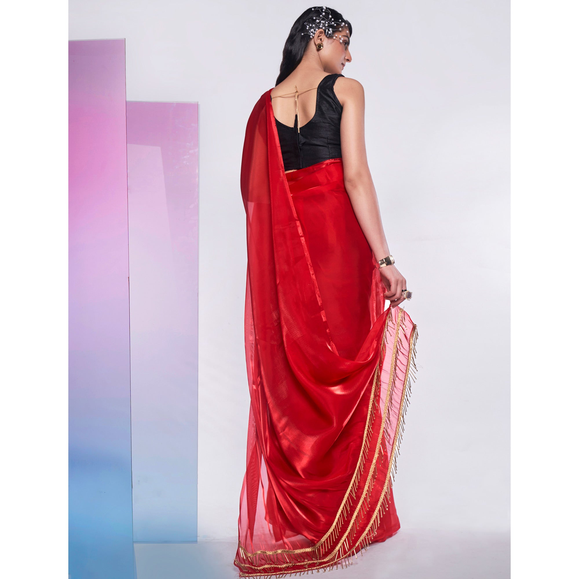 Red Solid Organza Saree With Tassels