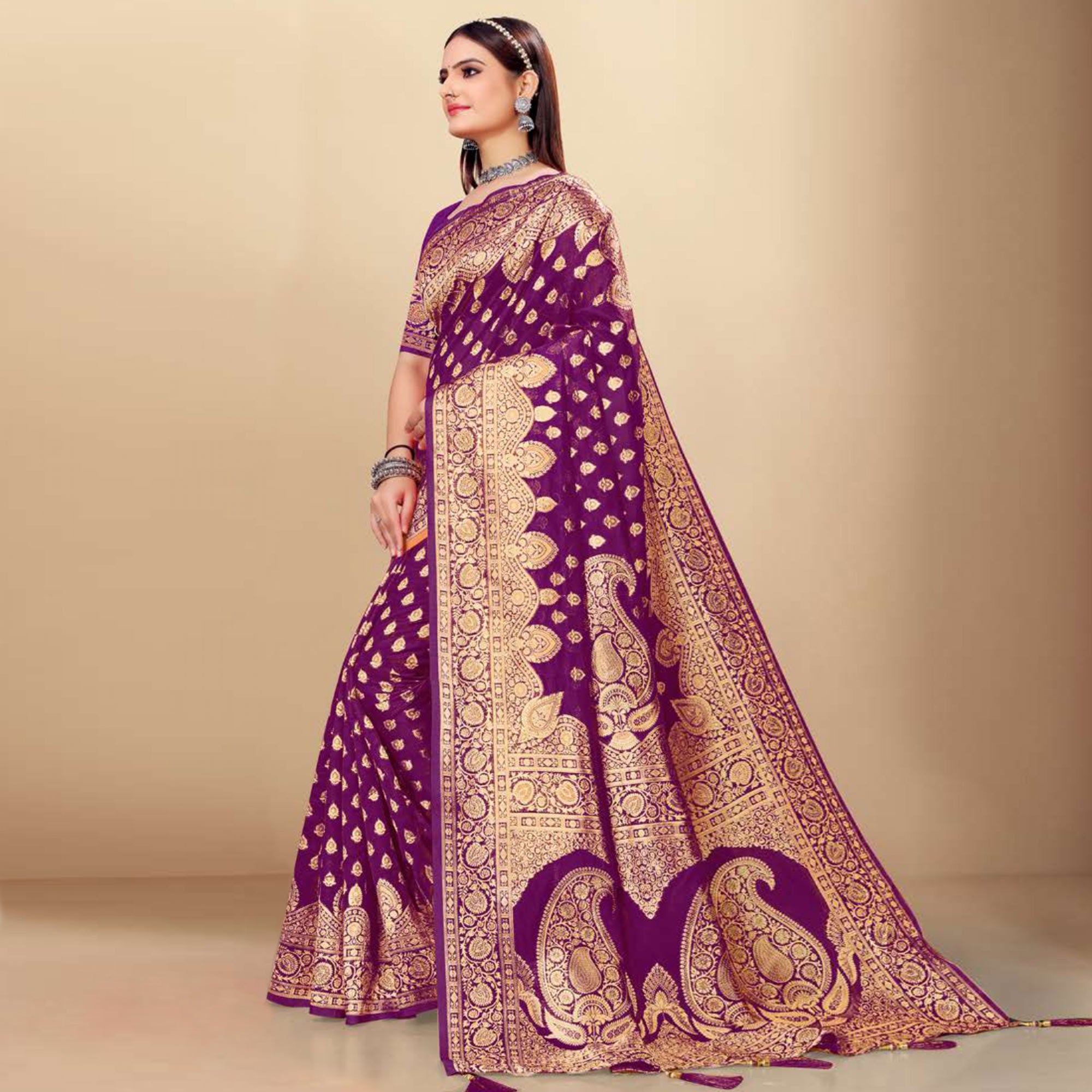 Purple Woven Art Silk Saree With Tassels