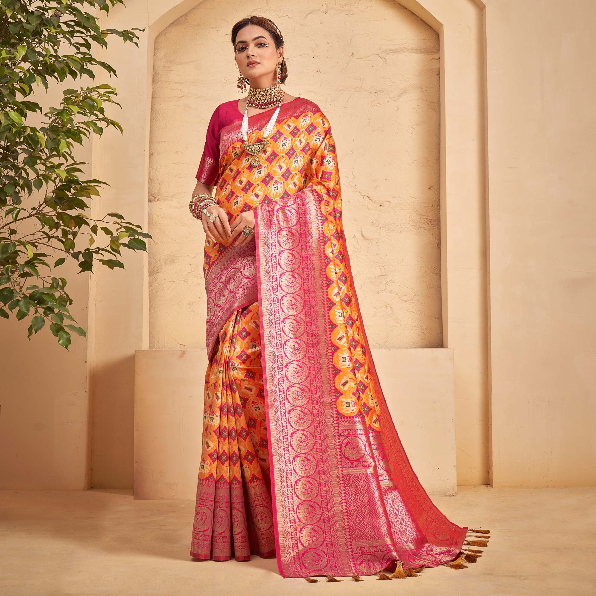 Orange Woven Patola Art Silk Saree With Tassels
