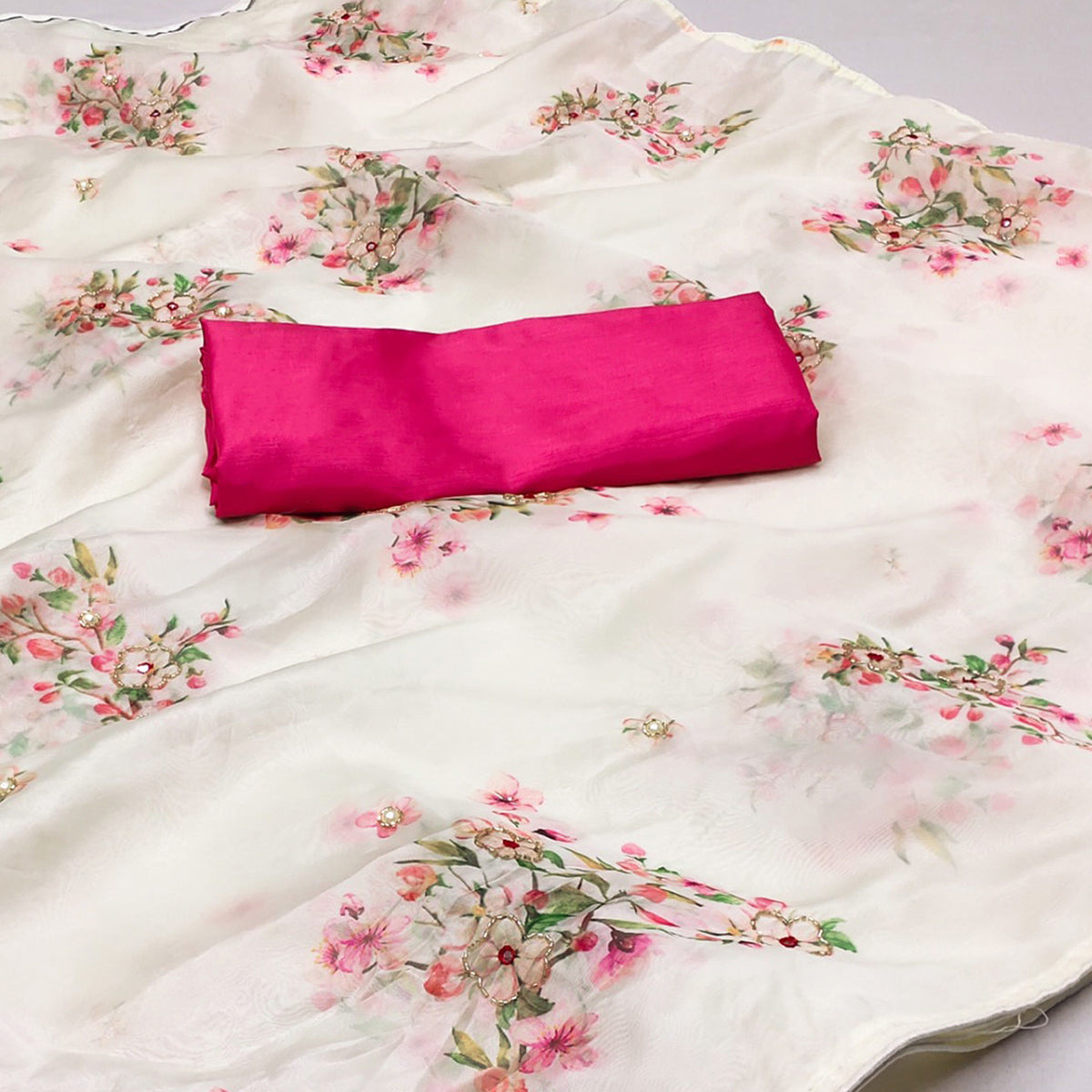 White Floral Printed With Khatli Work Organza Saree