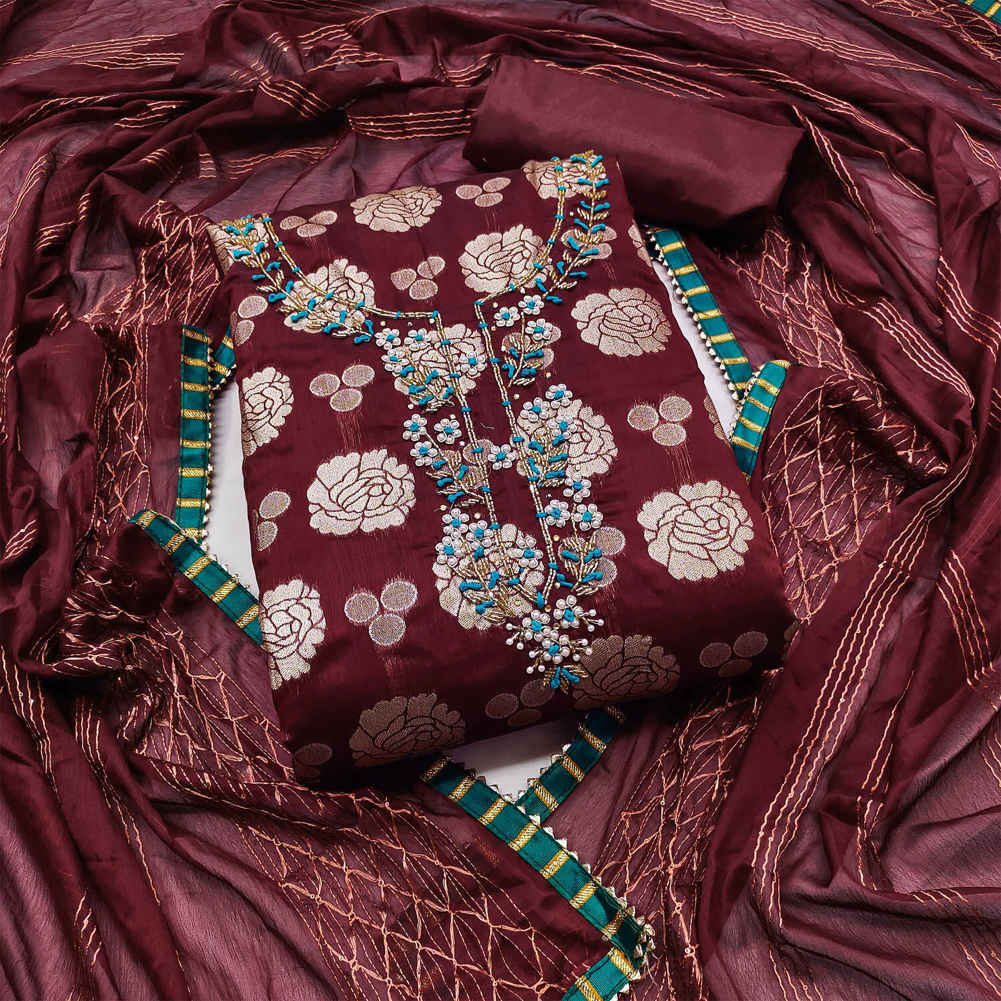 Maroon Woven Banarasi Silk Dress Material