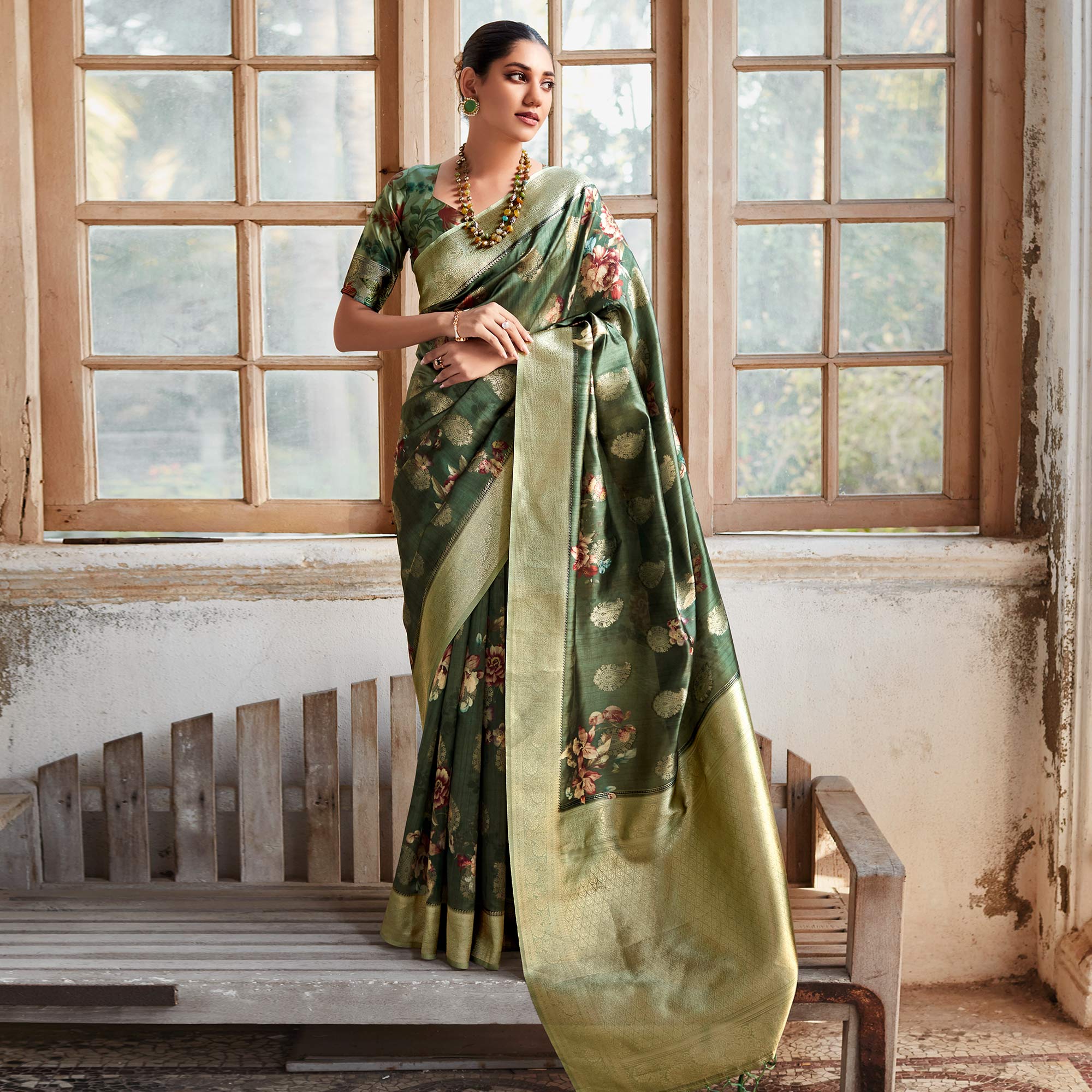 Green Woven With Floral Printed Art Silk Saree