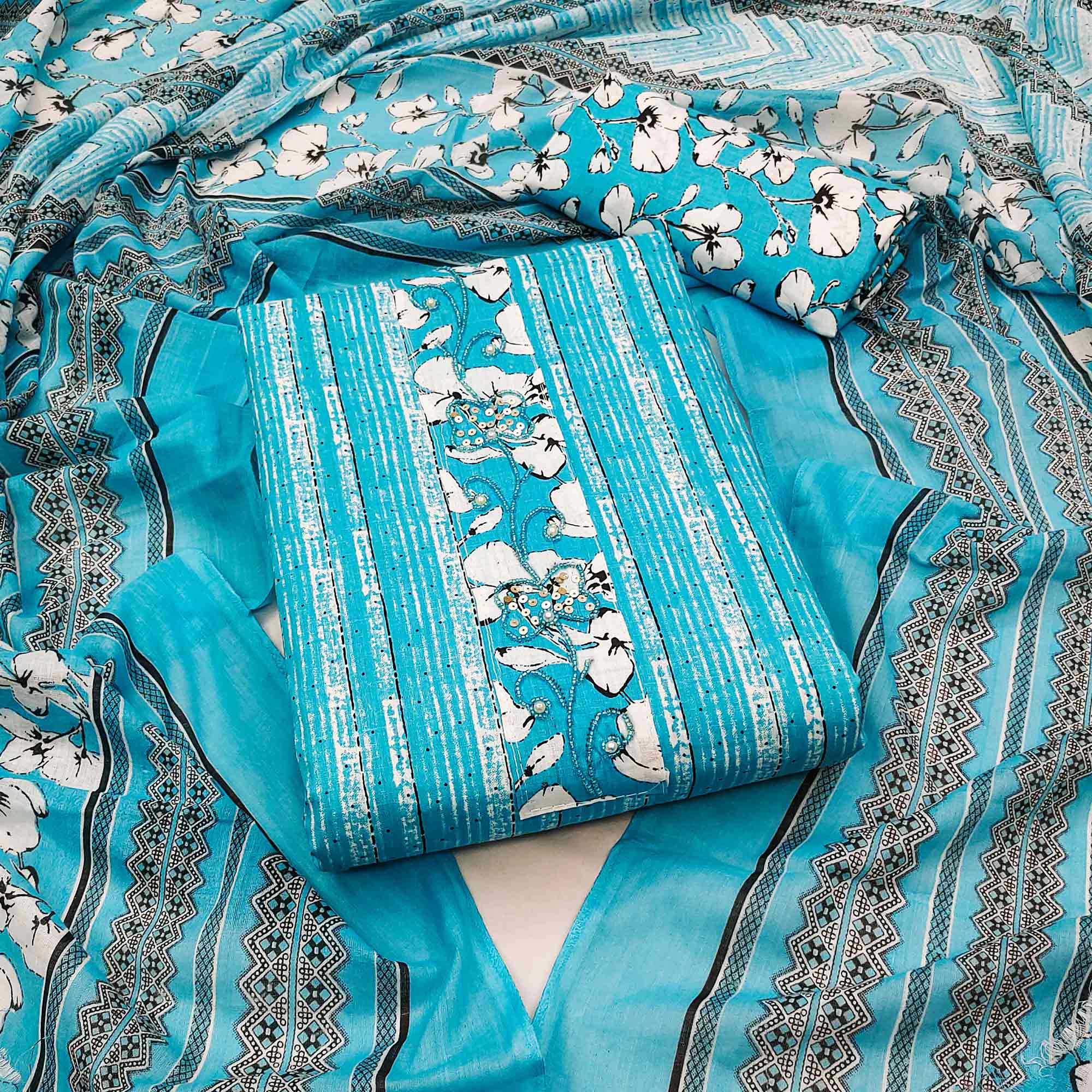 Blue Printed Cotton Dress Material