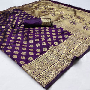 Purple Woven Jacquard Saree With Tassels