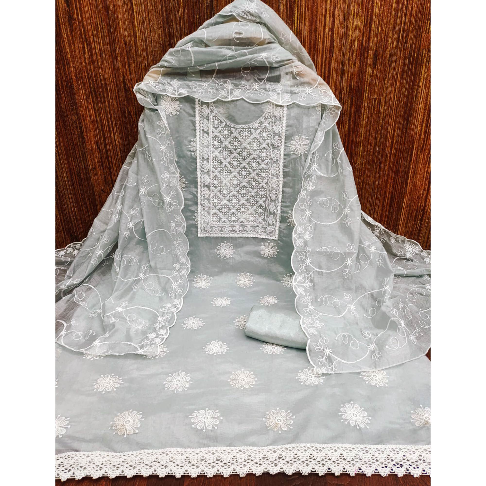 Grey Floral Embroidered Chanderi Dress Material
