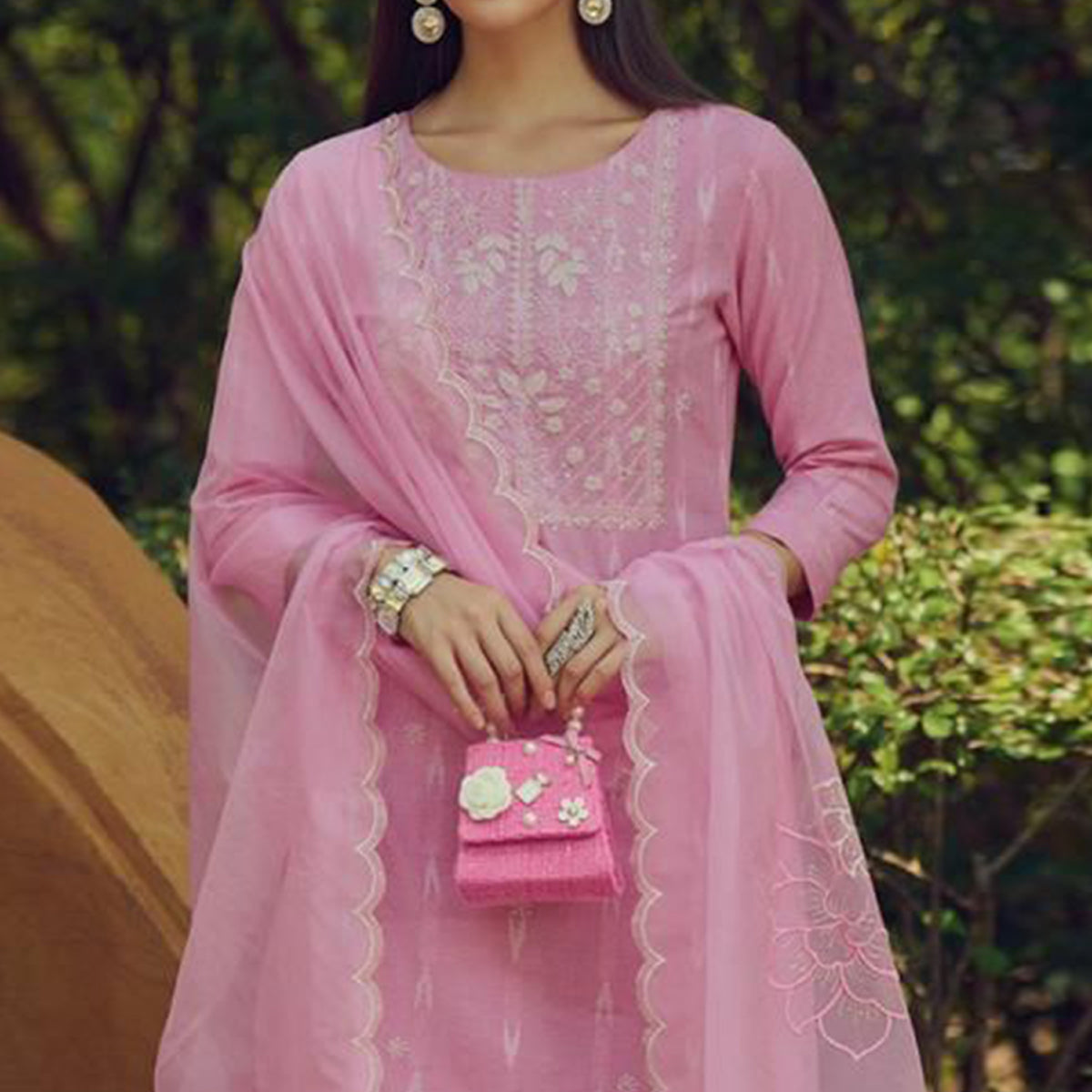 Pink Kantha Embroidered Linen Salwar Suit