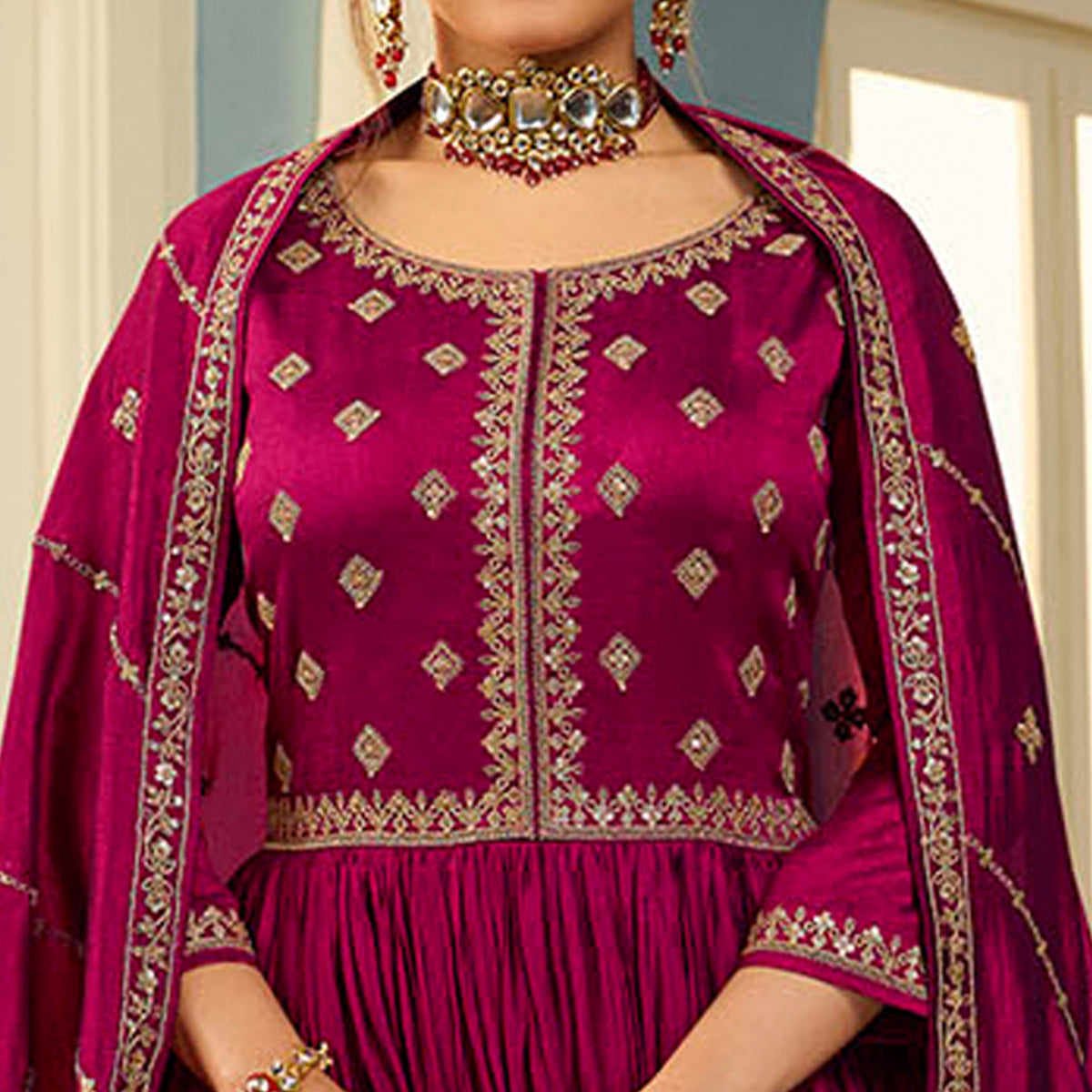 Wine Embroidered Georgette Gown