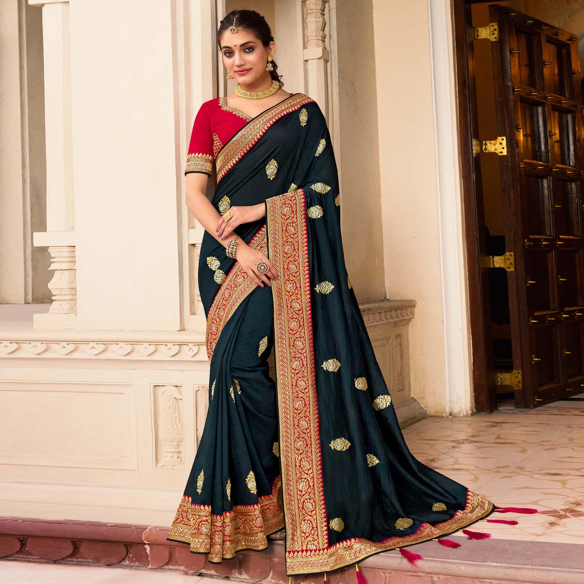 Black Embroidered Vichitra Silk Saree With With Tassels