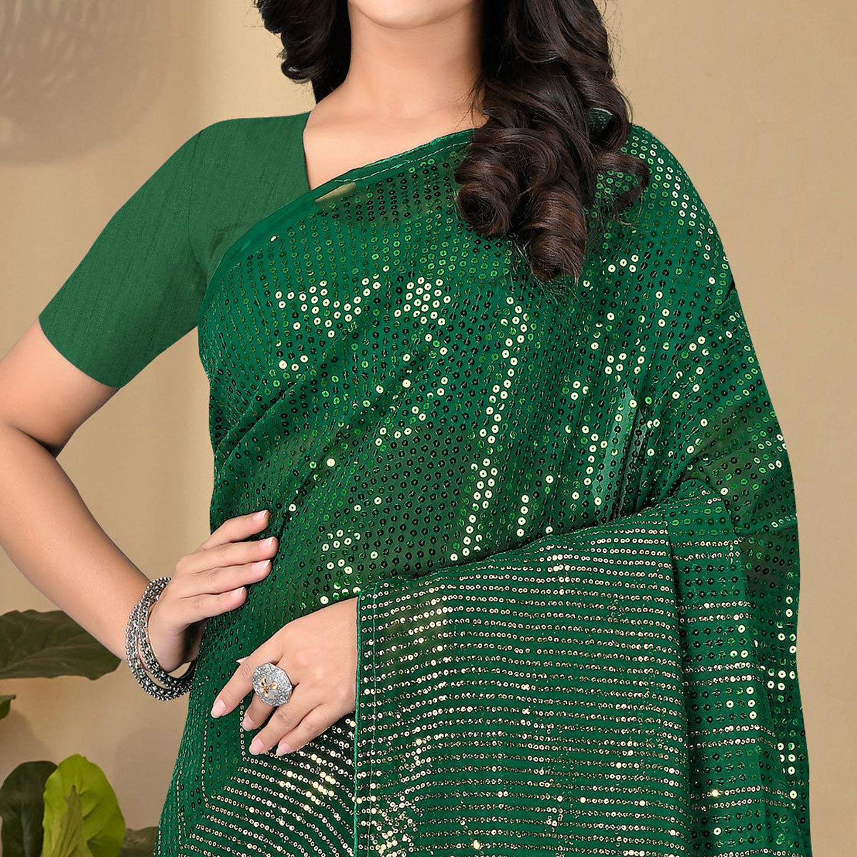 Green Sequins Embroidered Georgette Saree