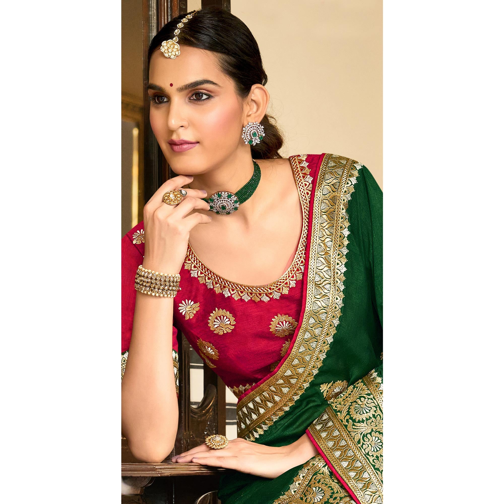 Green Embroidered Vichitra Silk Saree With With Tassels