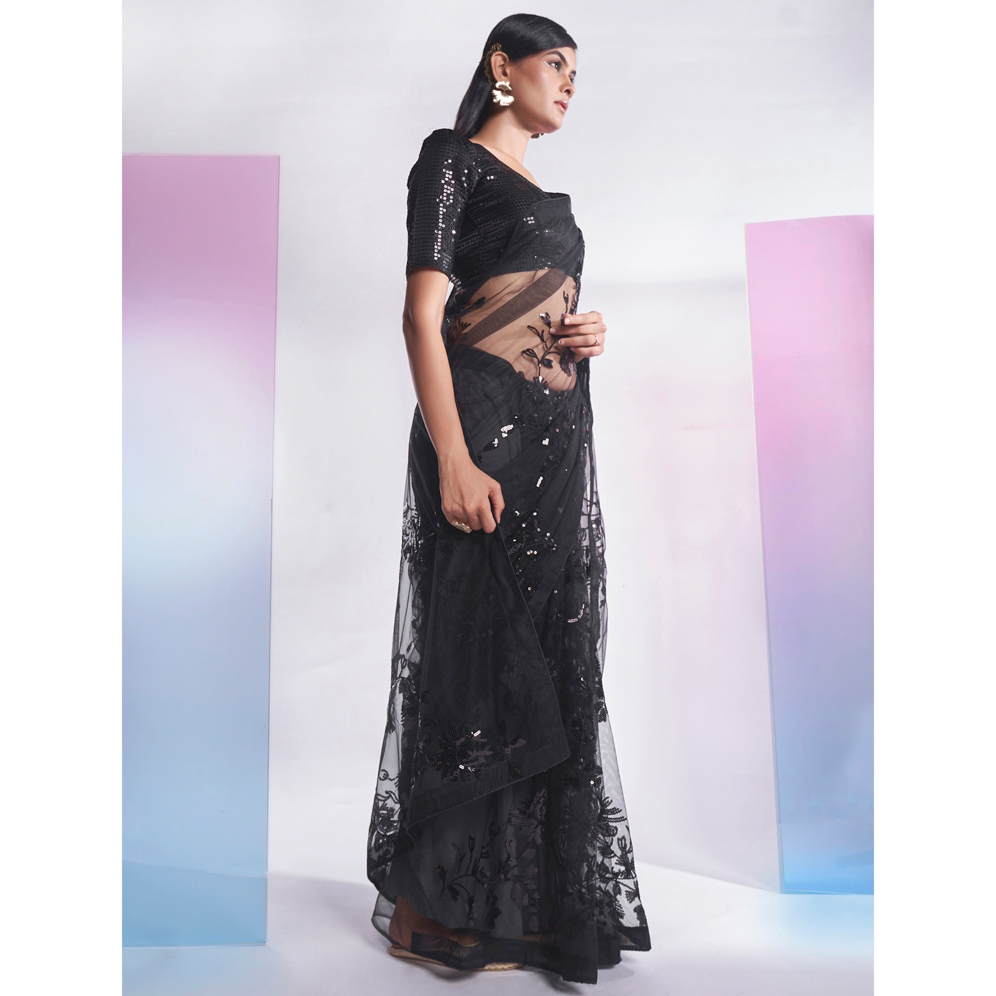 Black Floral Sequins Embroidered Soft Net Saree