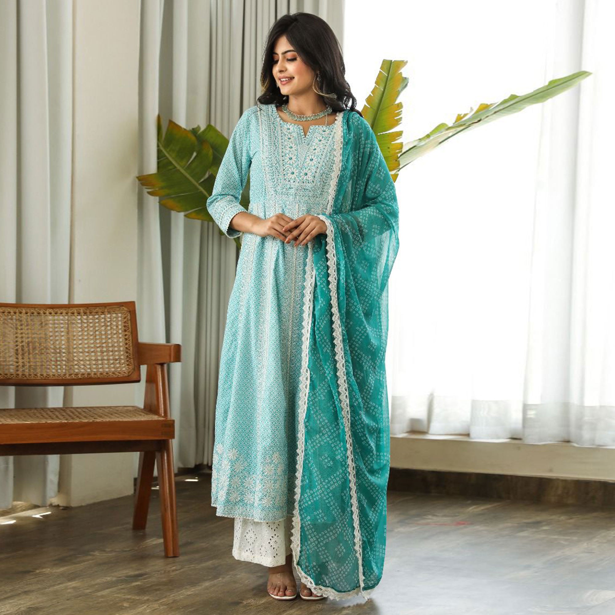Blue Floral Embroidered Pure Cotton Crosia Border Anarkali Suit