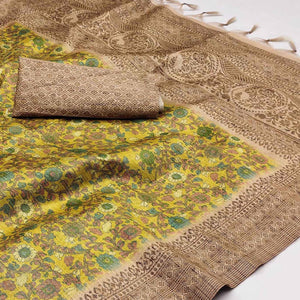 Yellow Floral Printed Cotton Silk Saree With Tassels