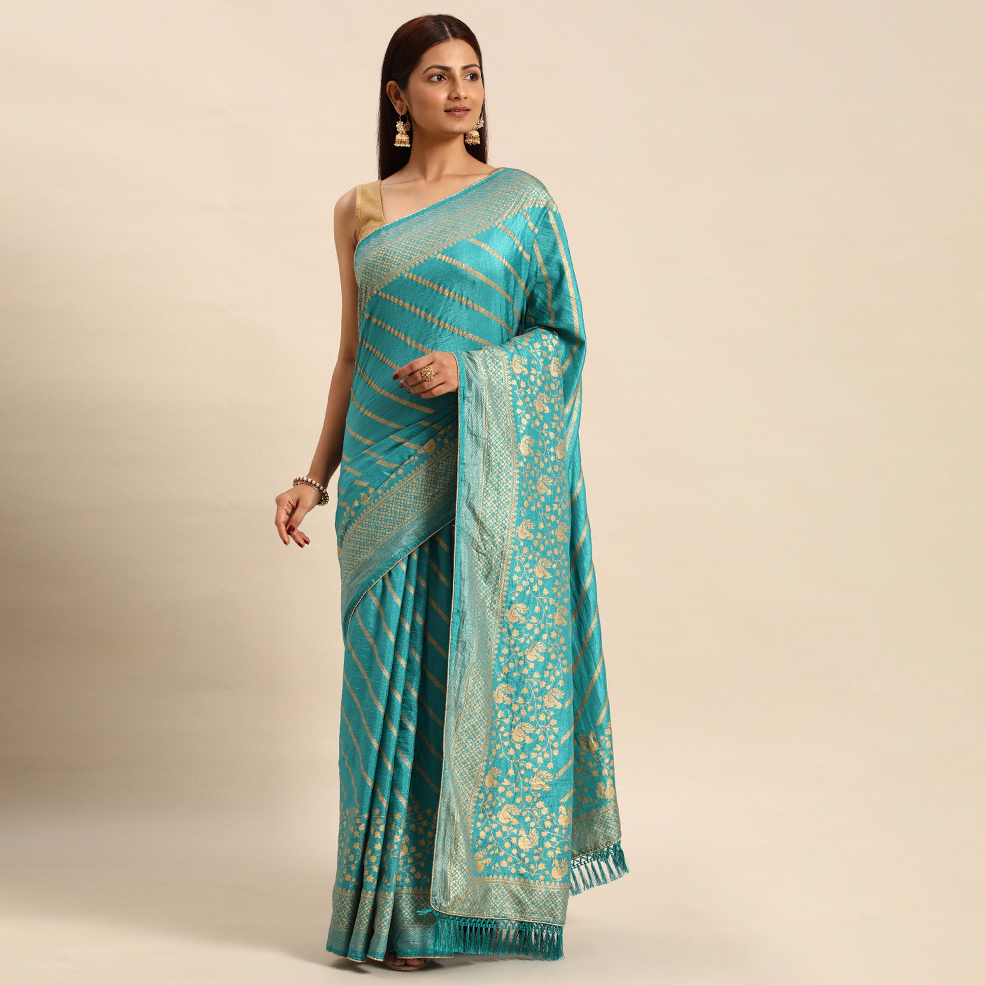 Elegant Blue Vichitra Silk Saree with Golden Zari Stripes and Floral Border