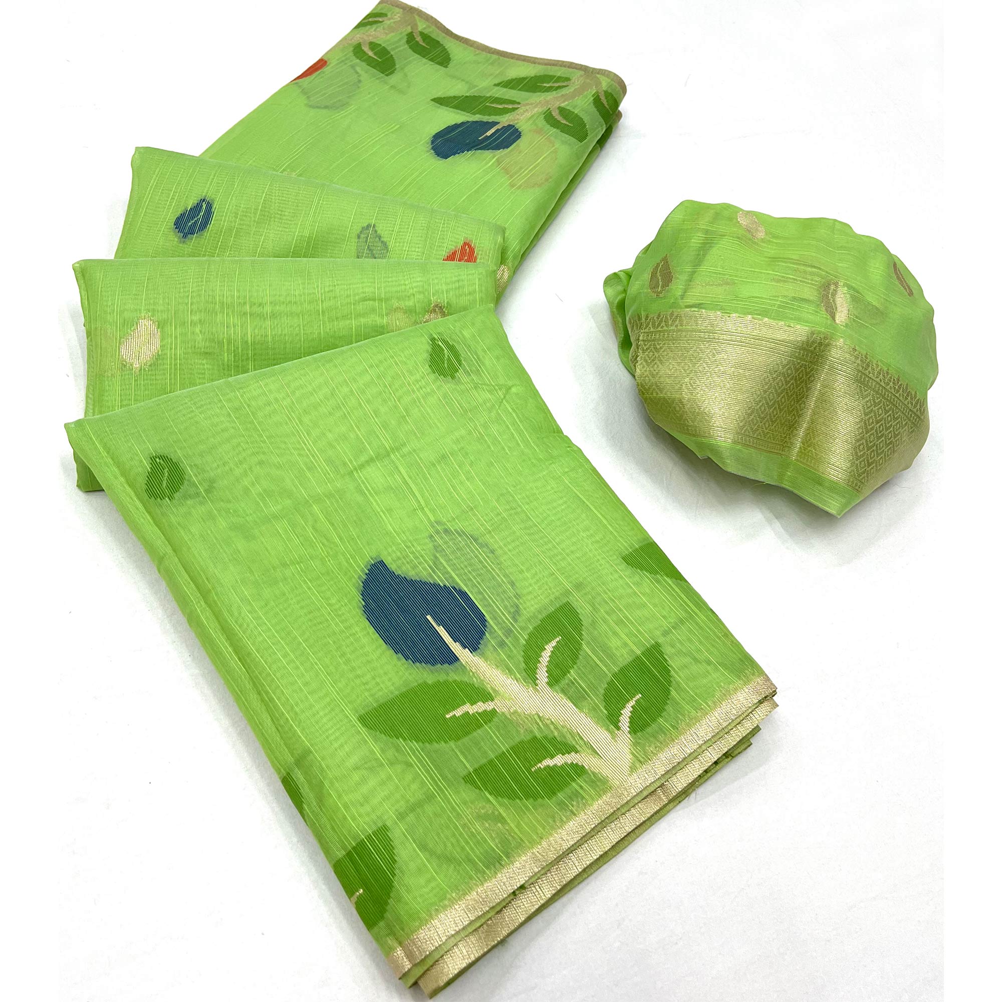 Pista Green Floral Woven Cotton Saree