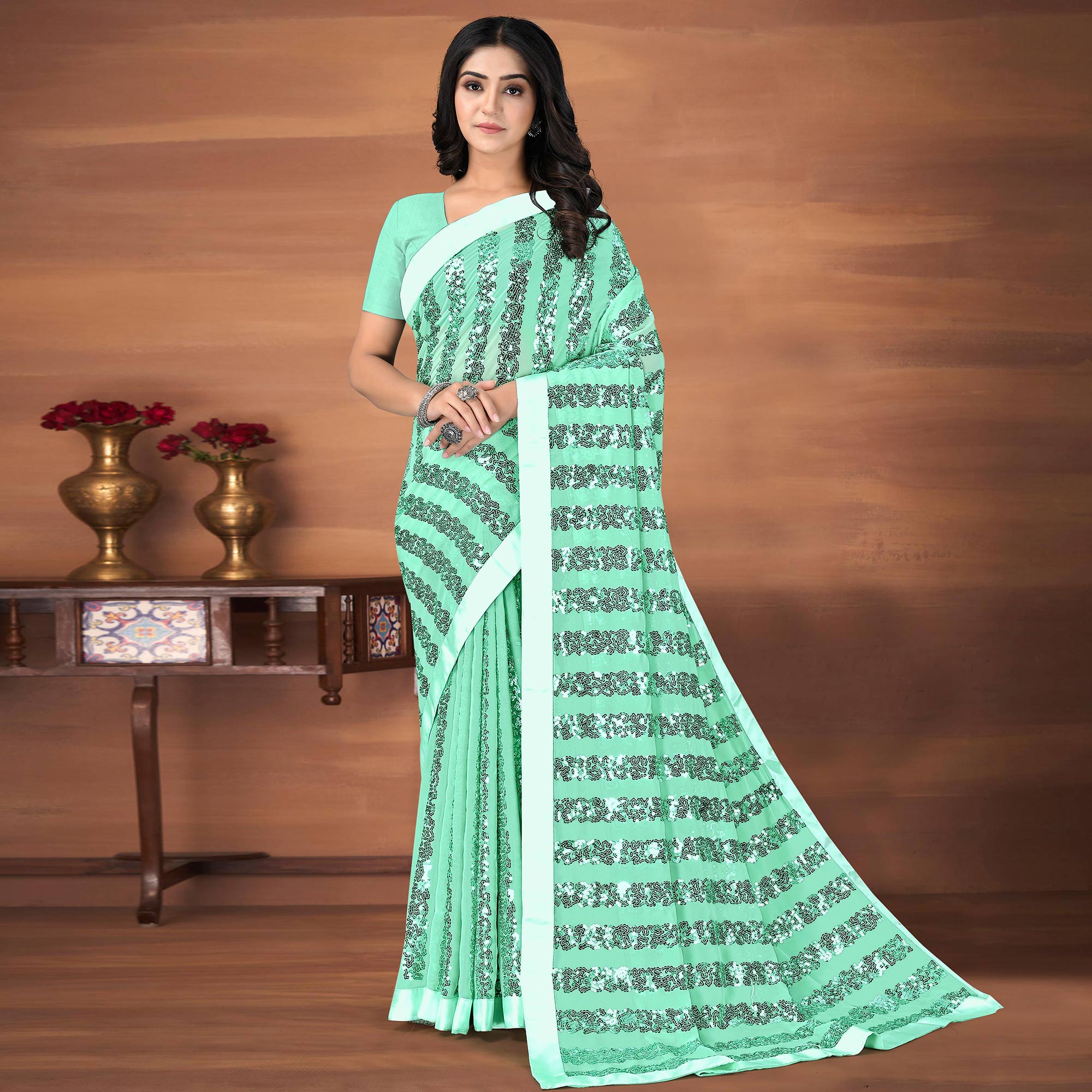 Aqua Green Sequins Embroidered Georgette Saree