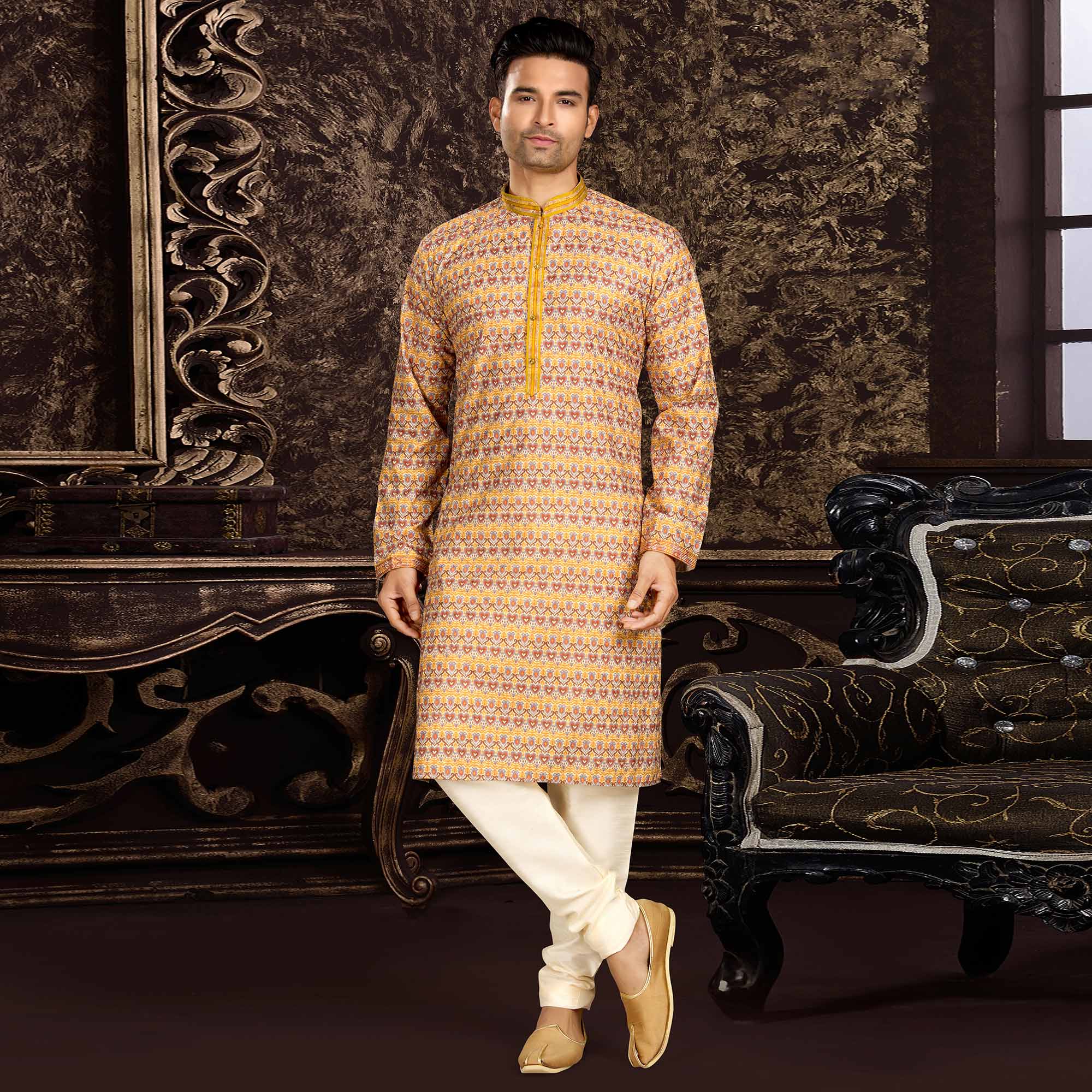 Yellow Lucknowi And Digital Printed Cotton Kurta Pyjama Set