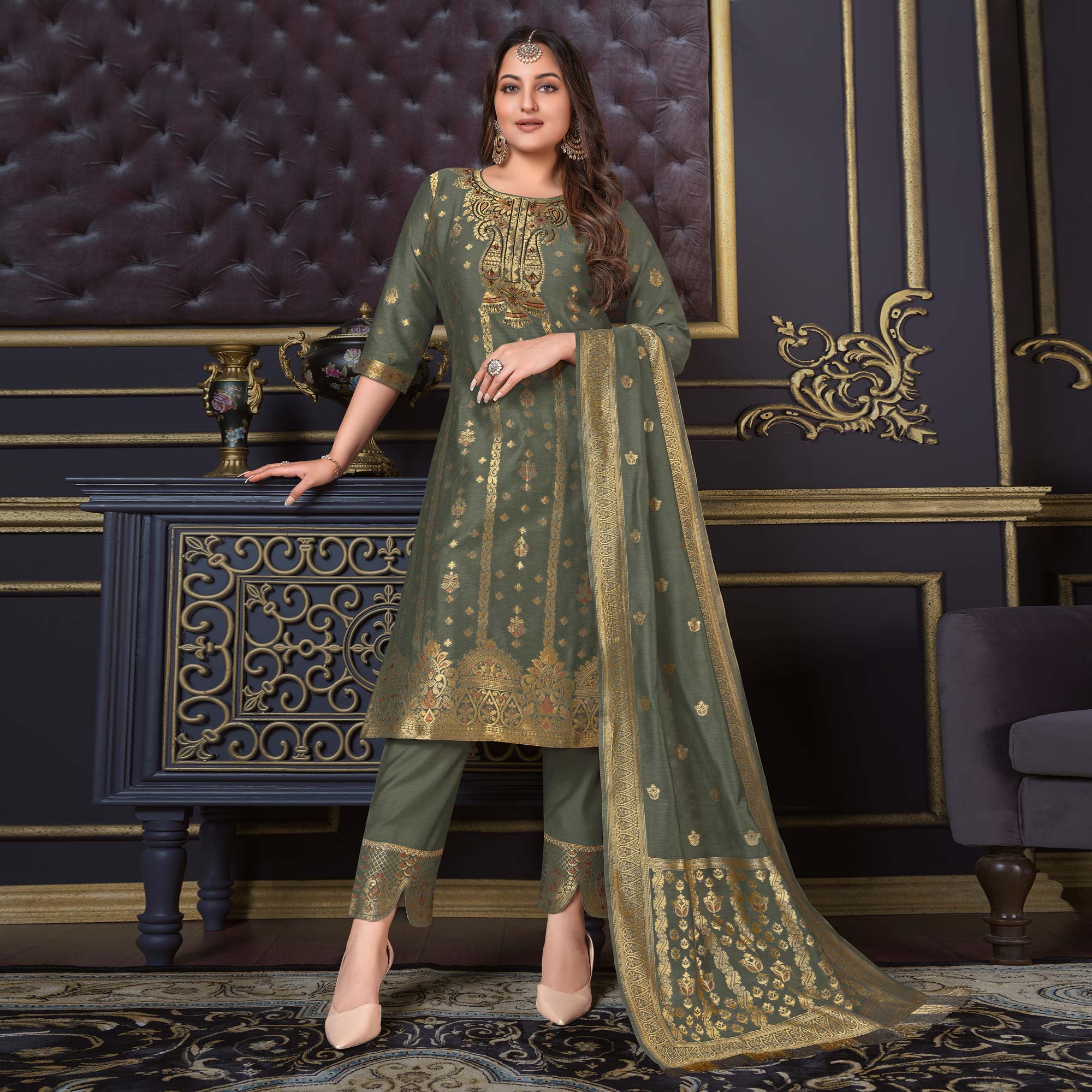 Grey Woven Banarasi Silk Salwar Suit