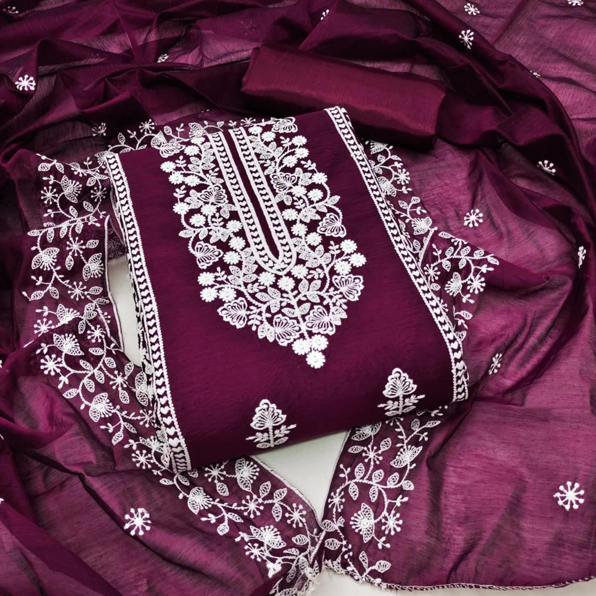 Wine Floral Embroidered Chanderi Dress Material