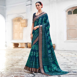 Blue & Green Printed With Woven Border Cotton Saree