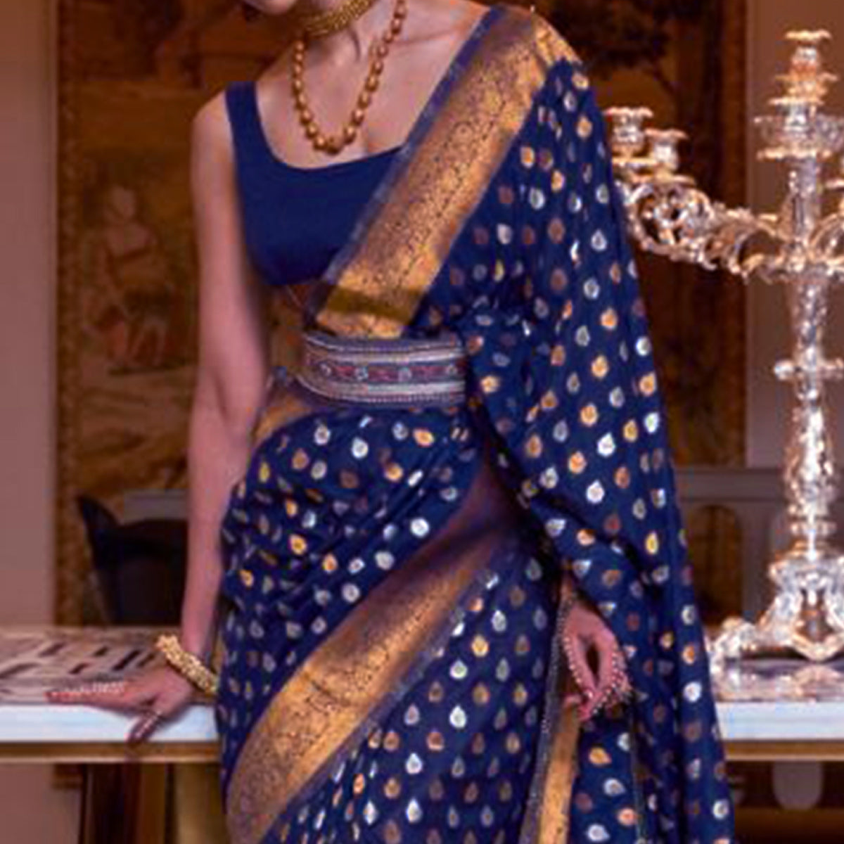 Navy Blue Woven Khadi Silk Saree With Tassels
