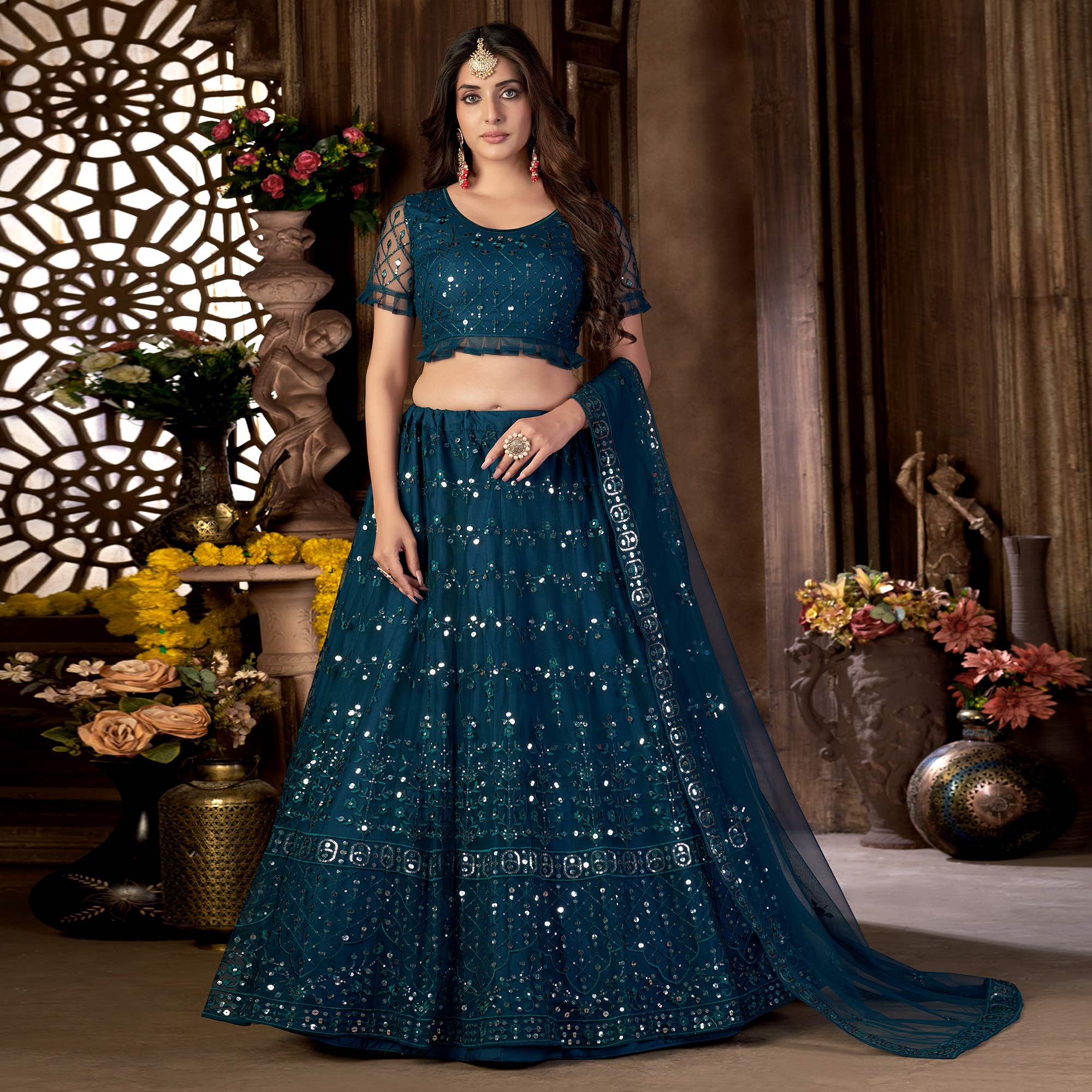 Blue Sequins Embroidered Net Lehenga Choli