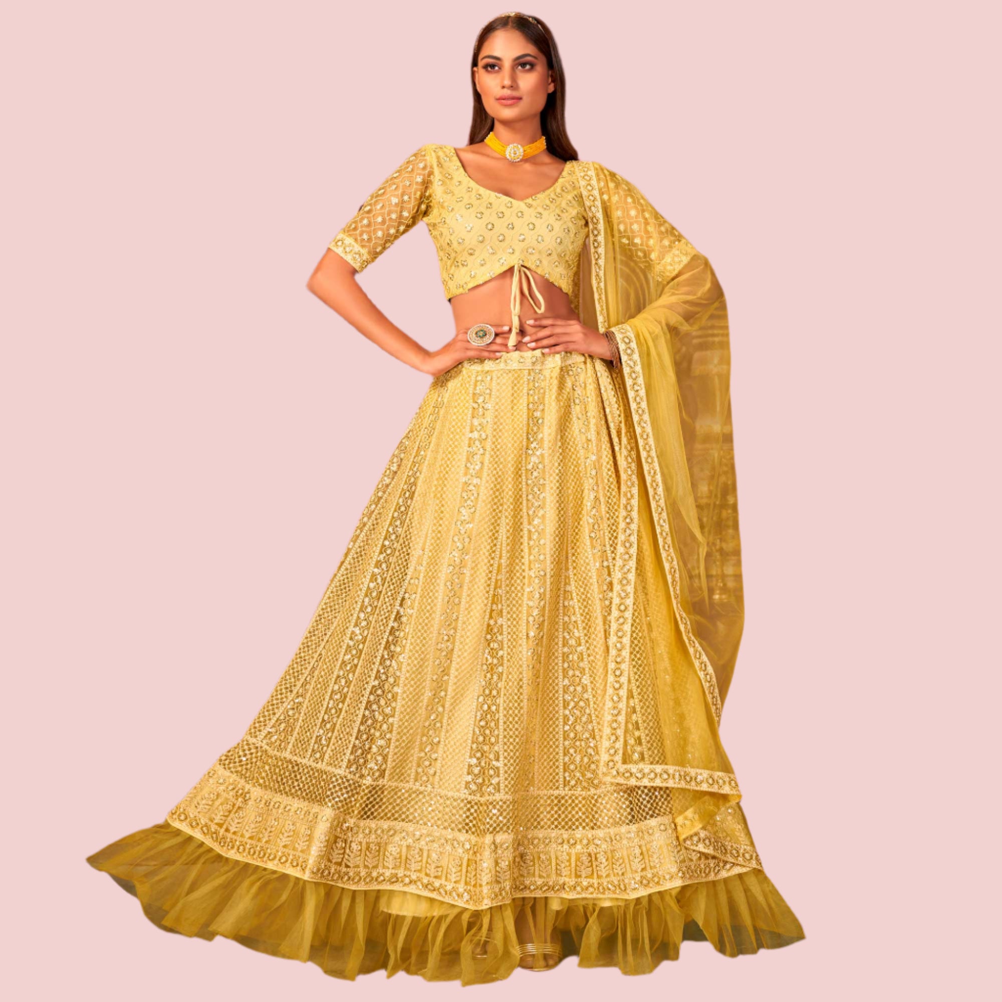 Yellow Floral Sequins Embroidered Net Lehenga Choli