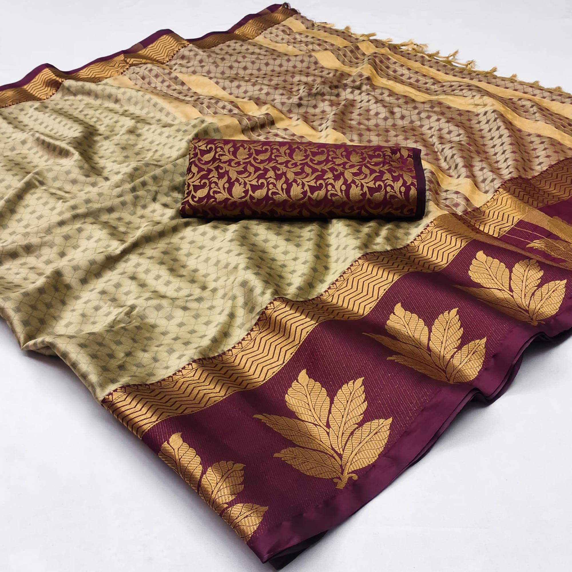 Chikoo Woven Cotton Silk Saree With Tassels