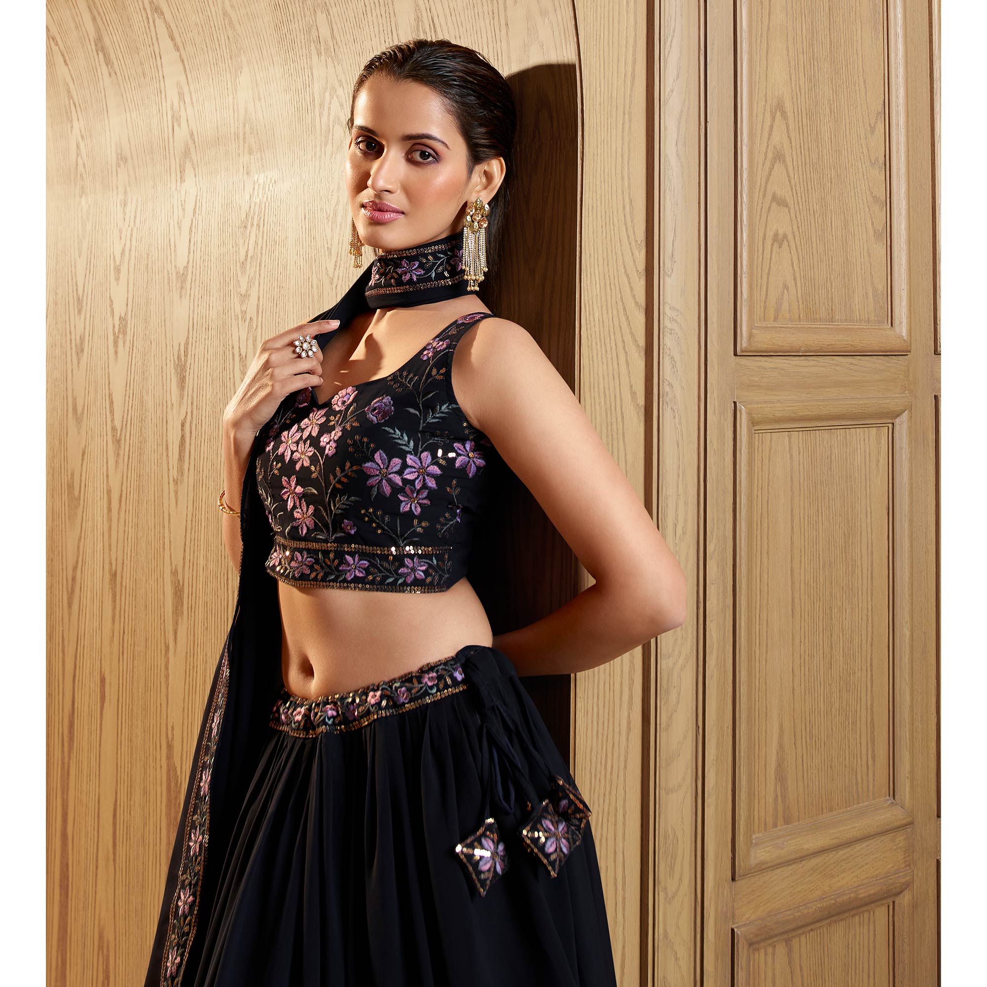 Navy Blue Sequins Embroidered Georgette Lehenga Choli