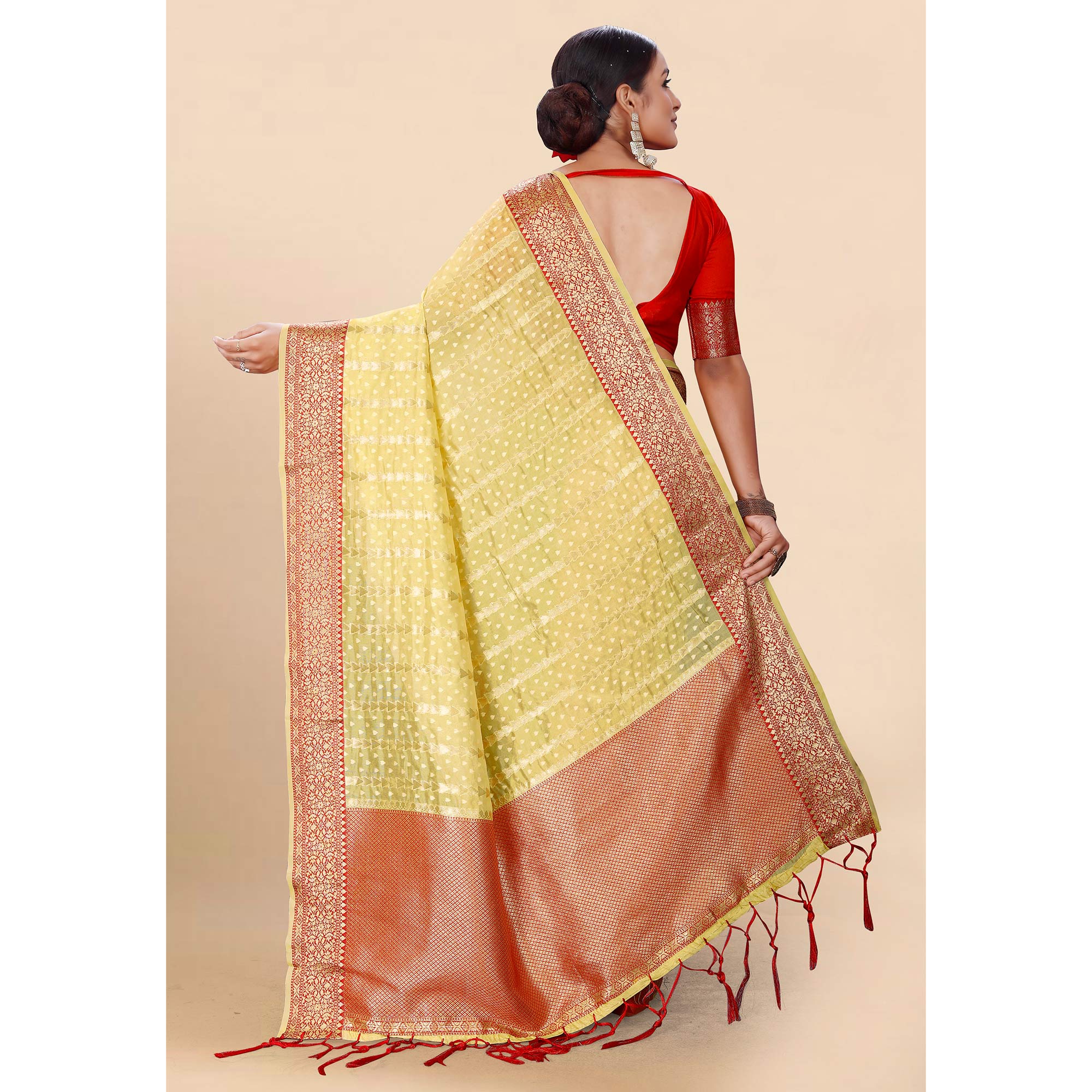 Yellow Woven Organza Saree With Tassels