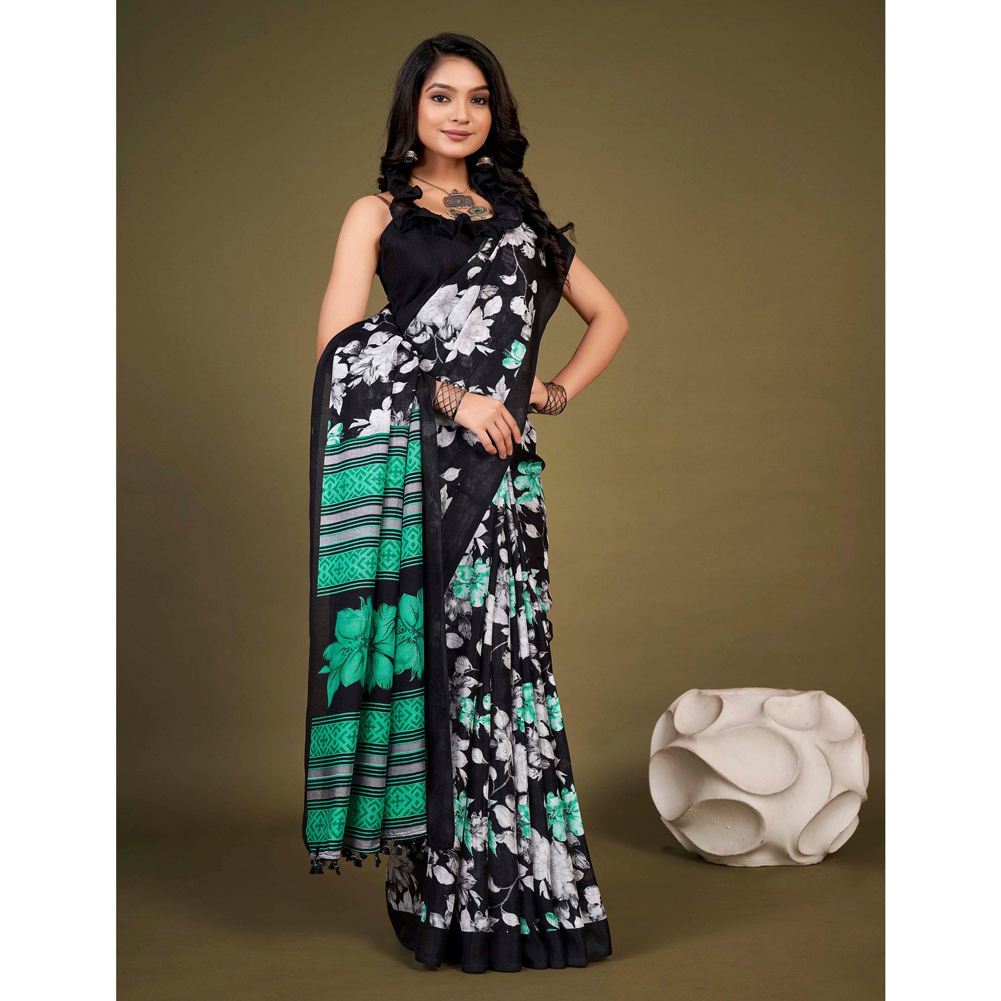 Black Floral Printed Jute Saree With Tassels