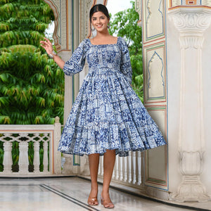 Blue Floral Printed Pure Cotton Dress