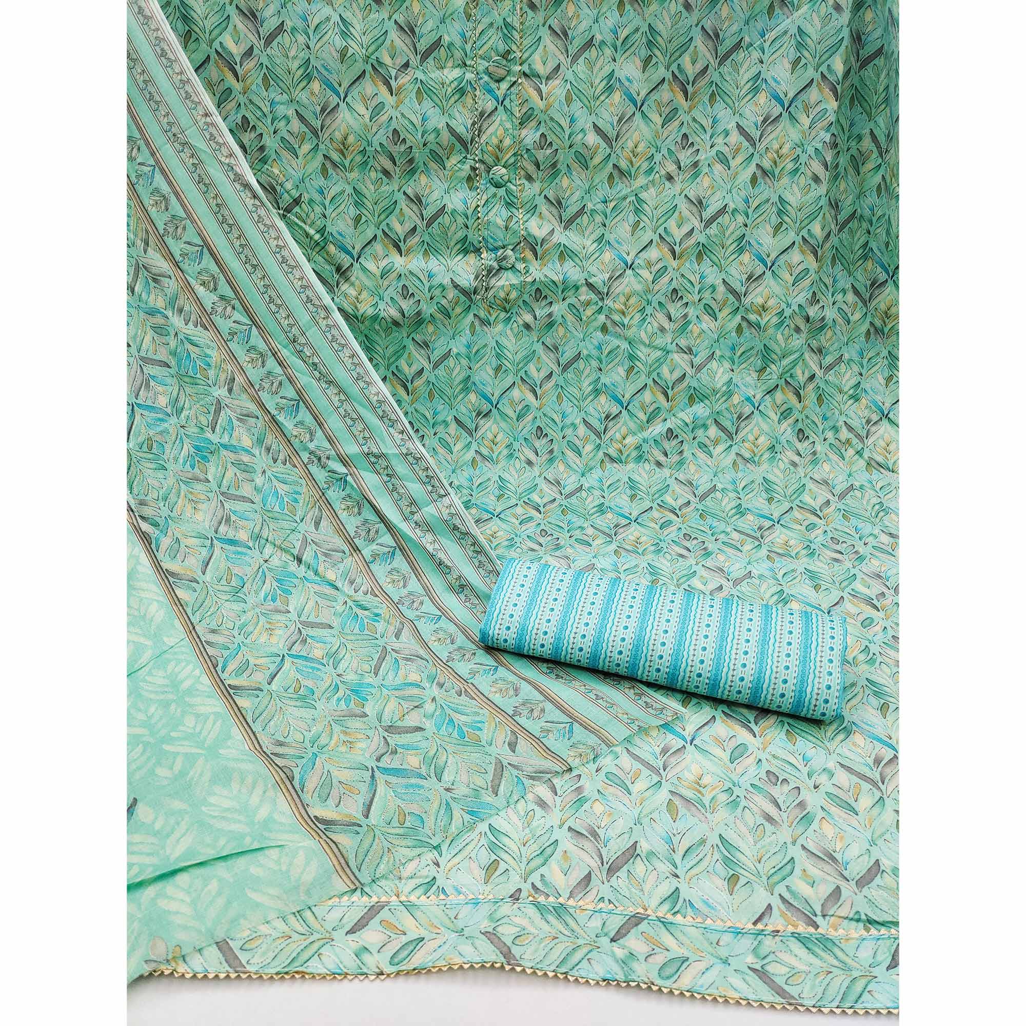 Turquoise Printed Cotton Blend Dress Material