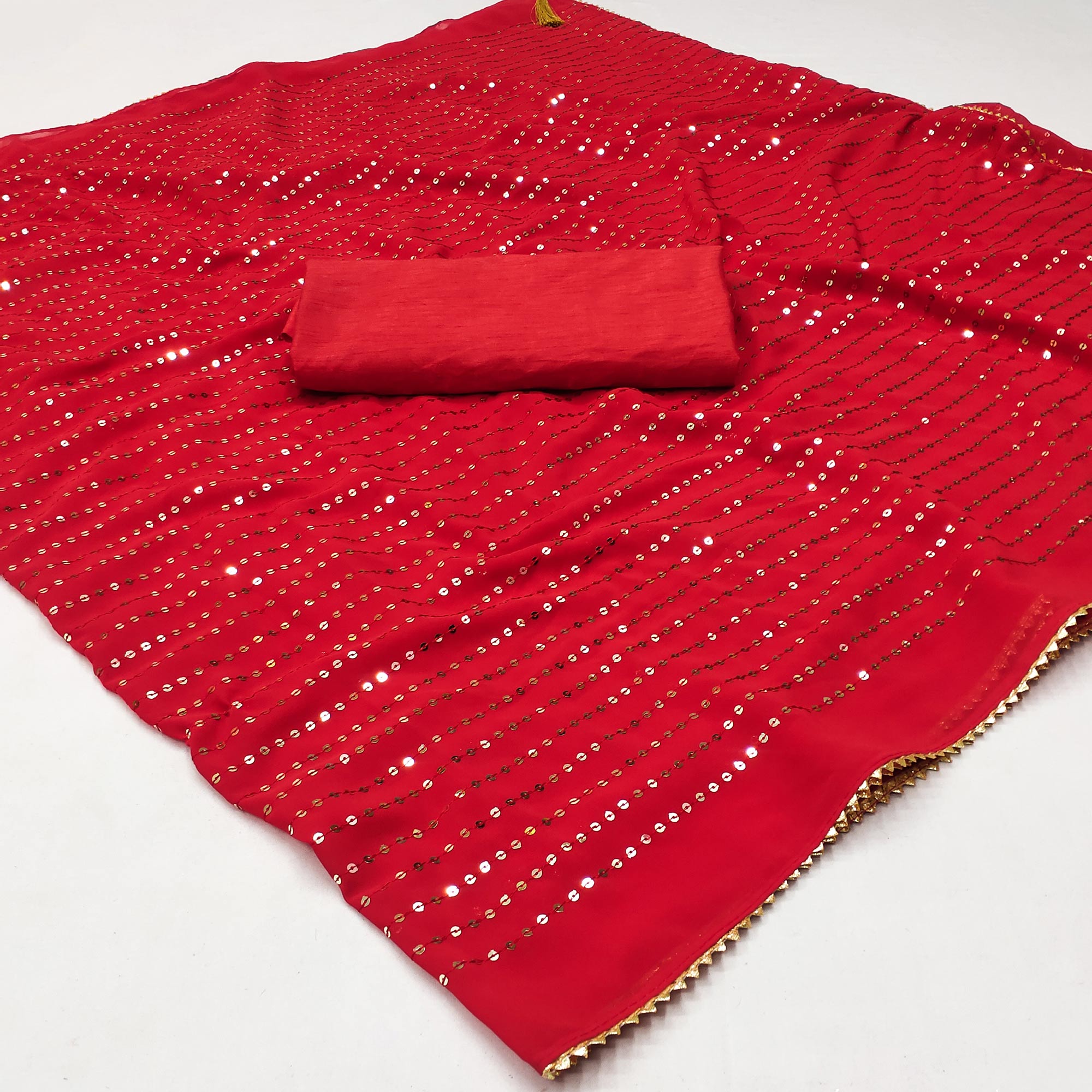 Red Sequins Embroidered Georgette Saree