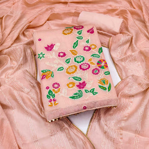 Peach Floral Woven Banarasi Silk Dress Material