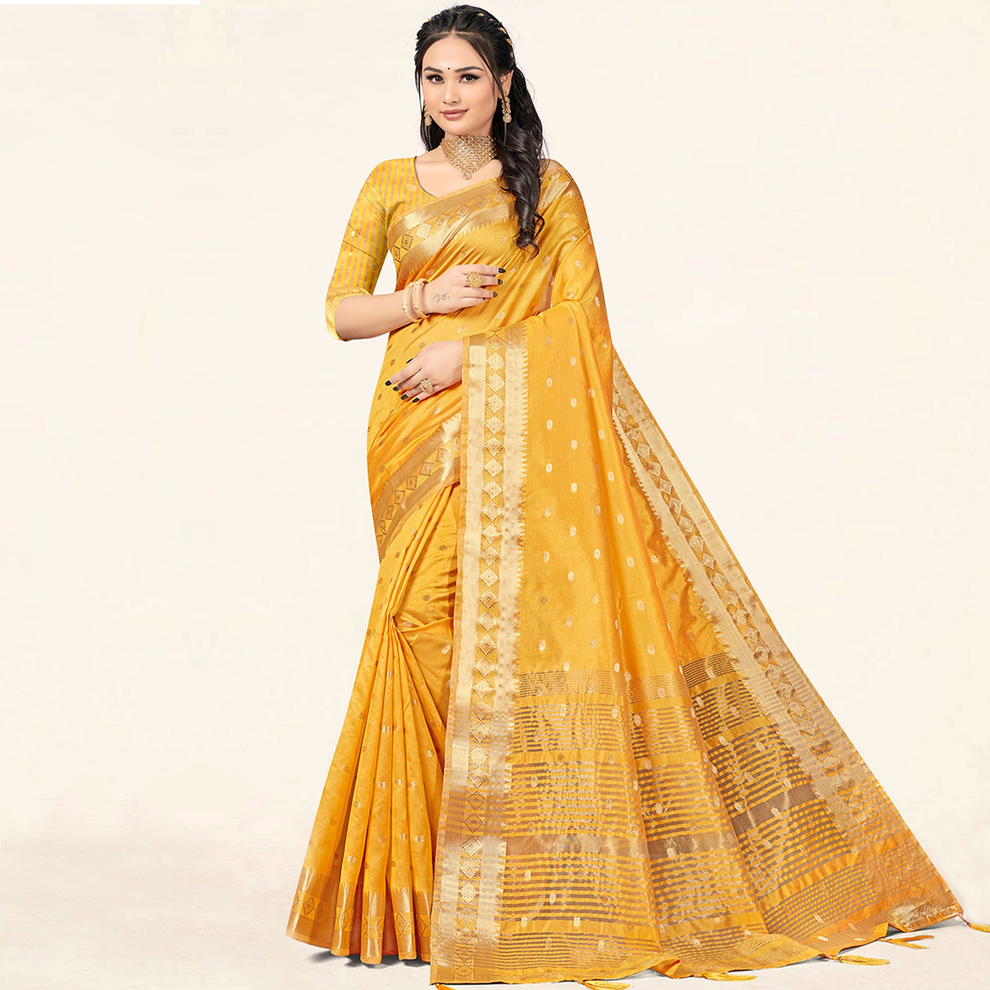 Yellow Woven Assam Silk Saree With Tassels