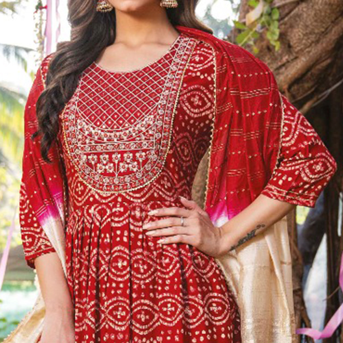 Red Printed Rayon Naira Cut Suit