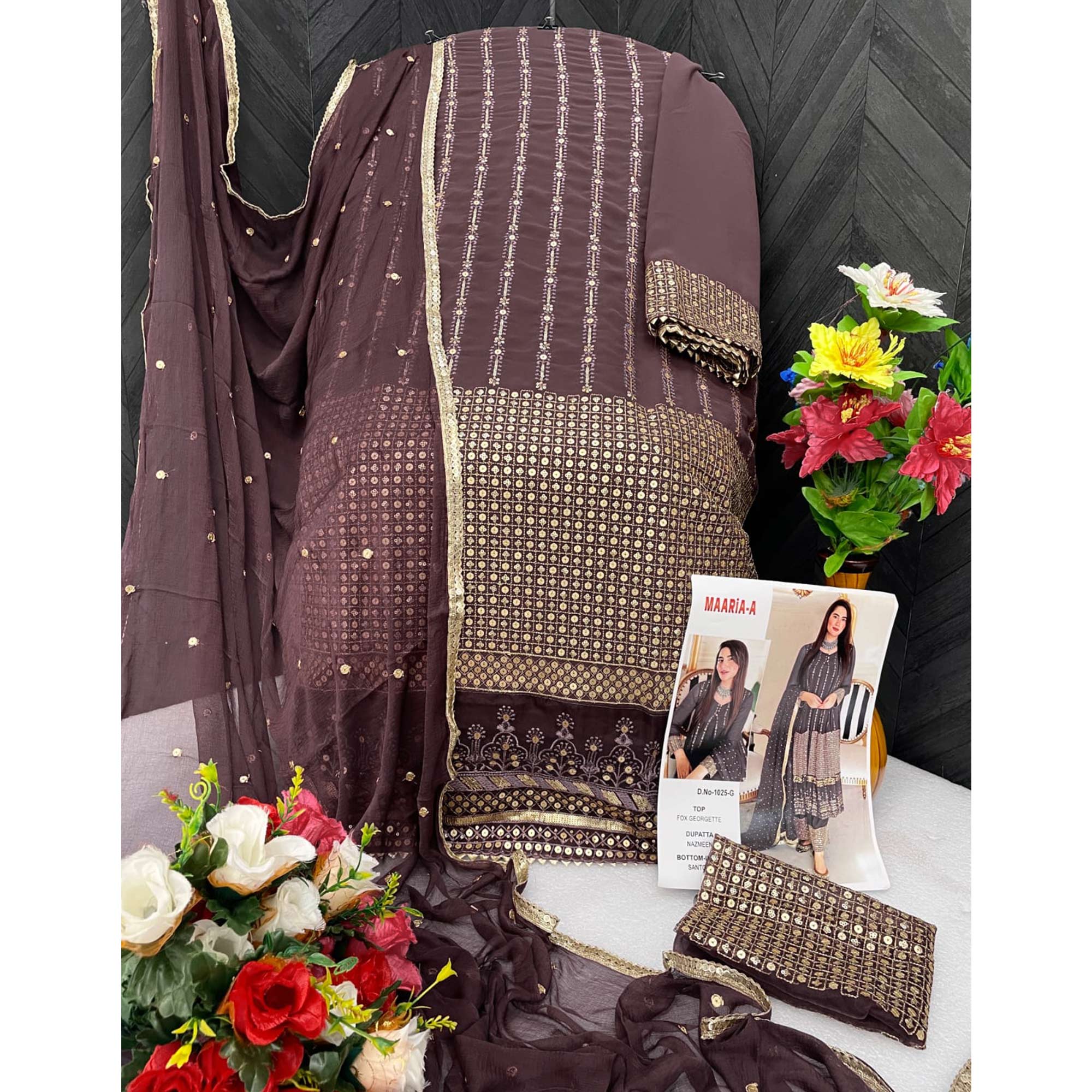 Brown Sequins Embroidered Georgette Pakistani Suit