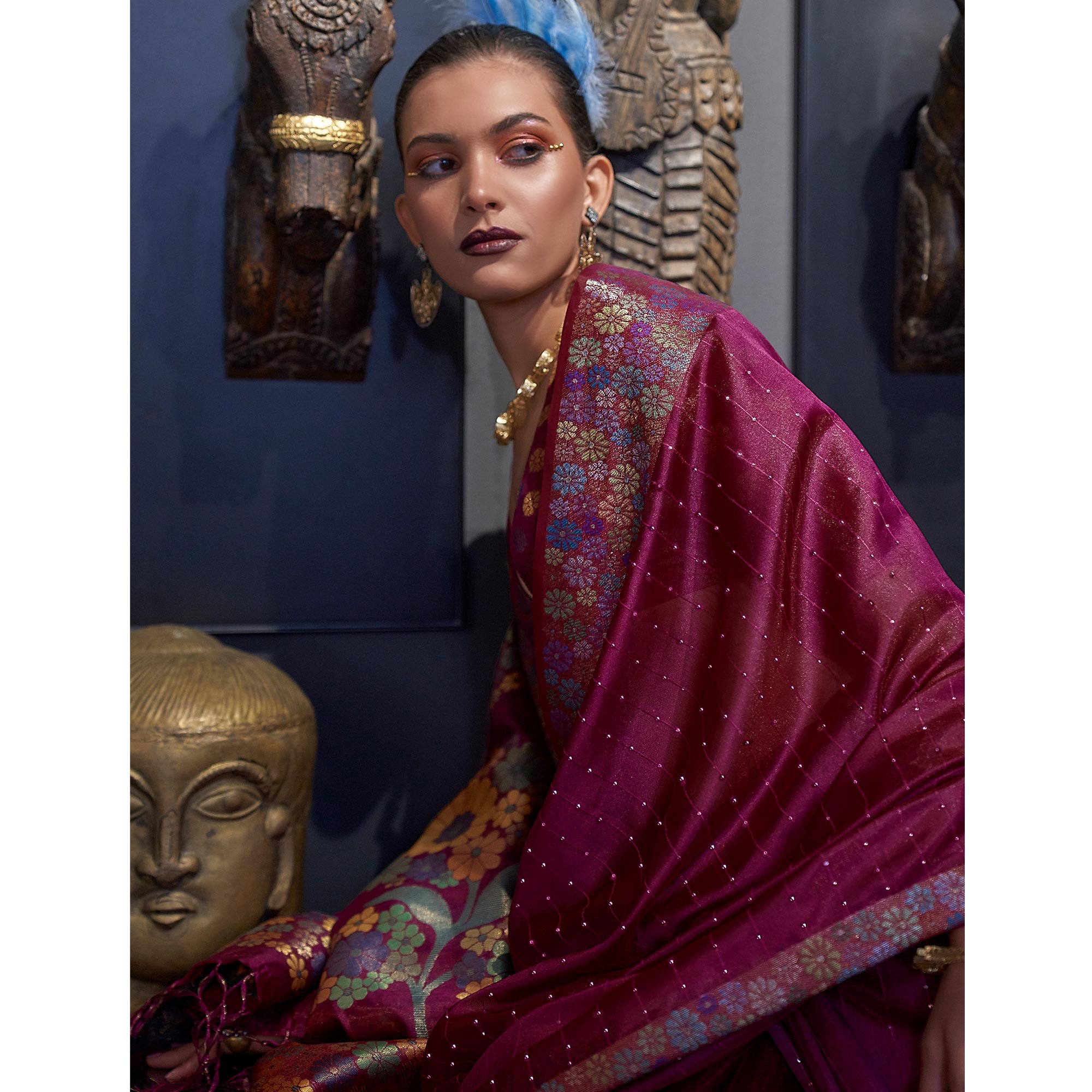 Magenta Pink Woven With Sequins Work Organza Saree
