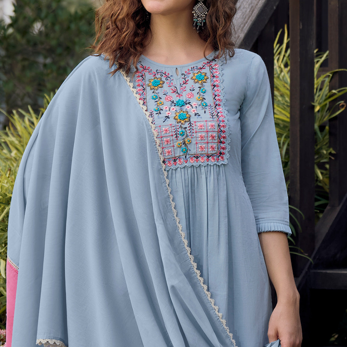 Blue Embroidered Pure Cotton Suit