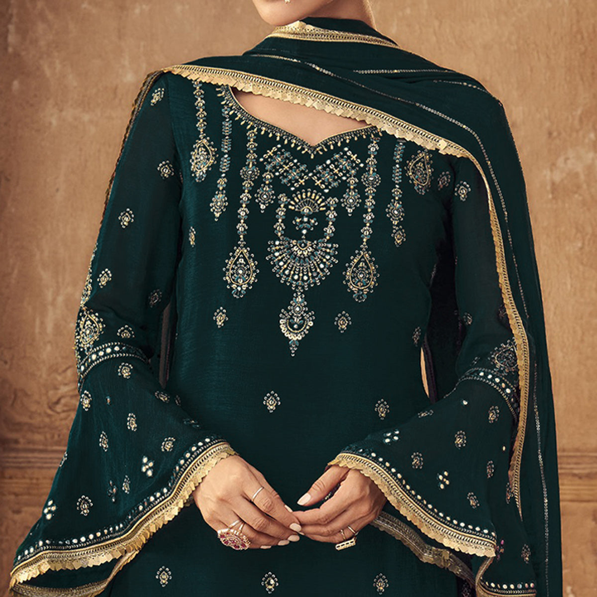 Green Sequins Embroidered Georgette Sharara Suit