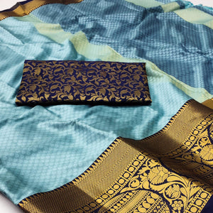 Sky Blue Woven Cotton Silk Saree With Tassels