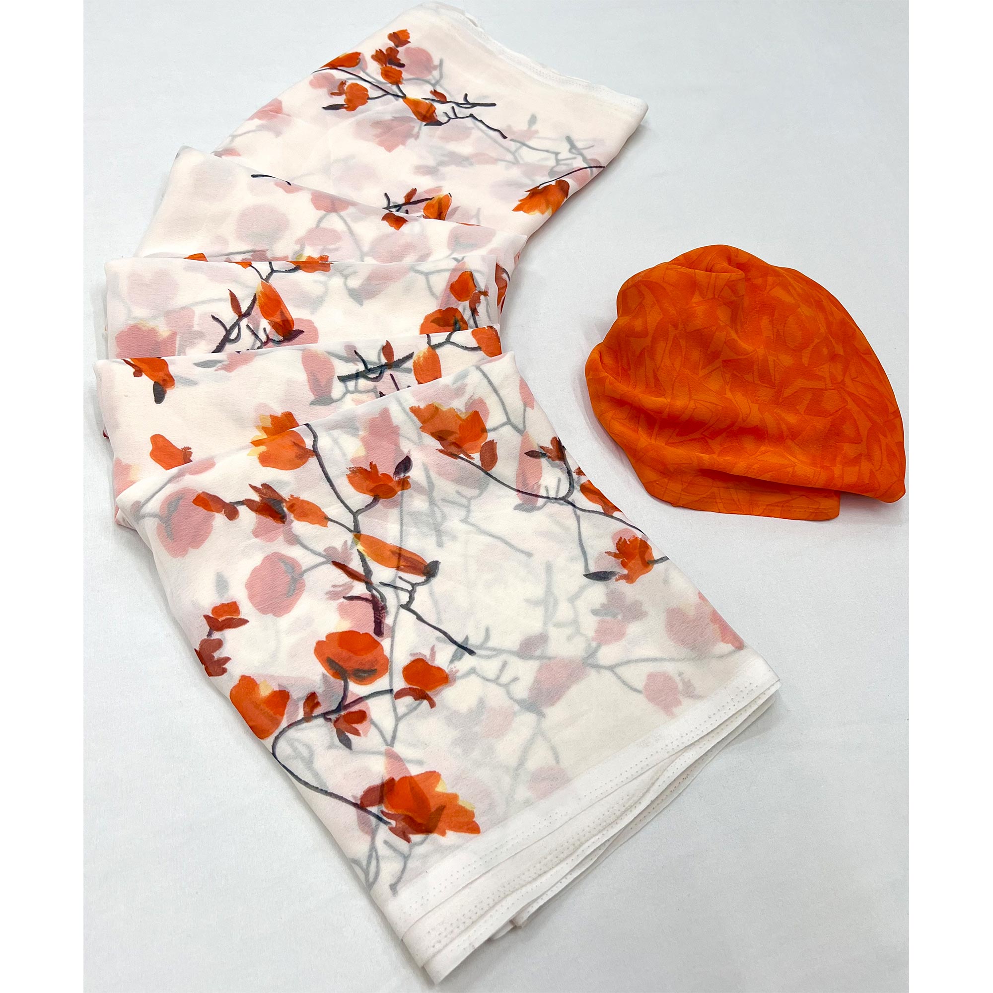 White Orange Floral Printed Georgette Saree