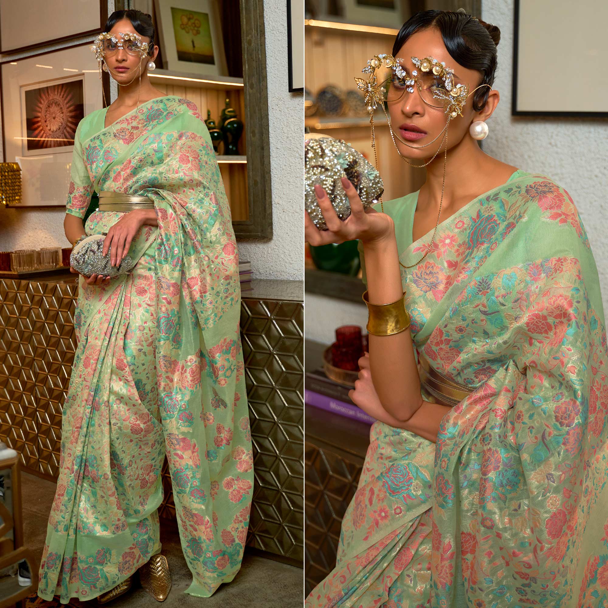 Green Floral Woven Art Silk Saree