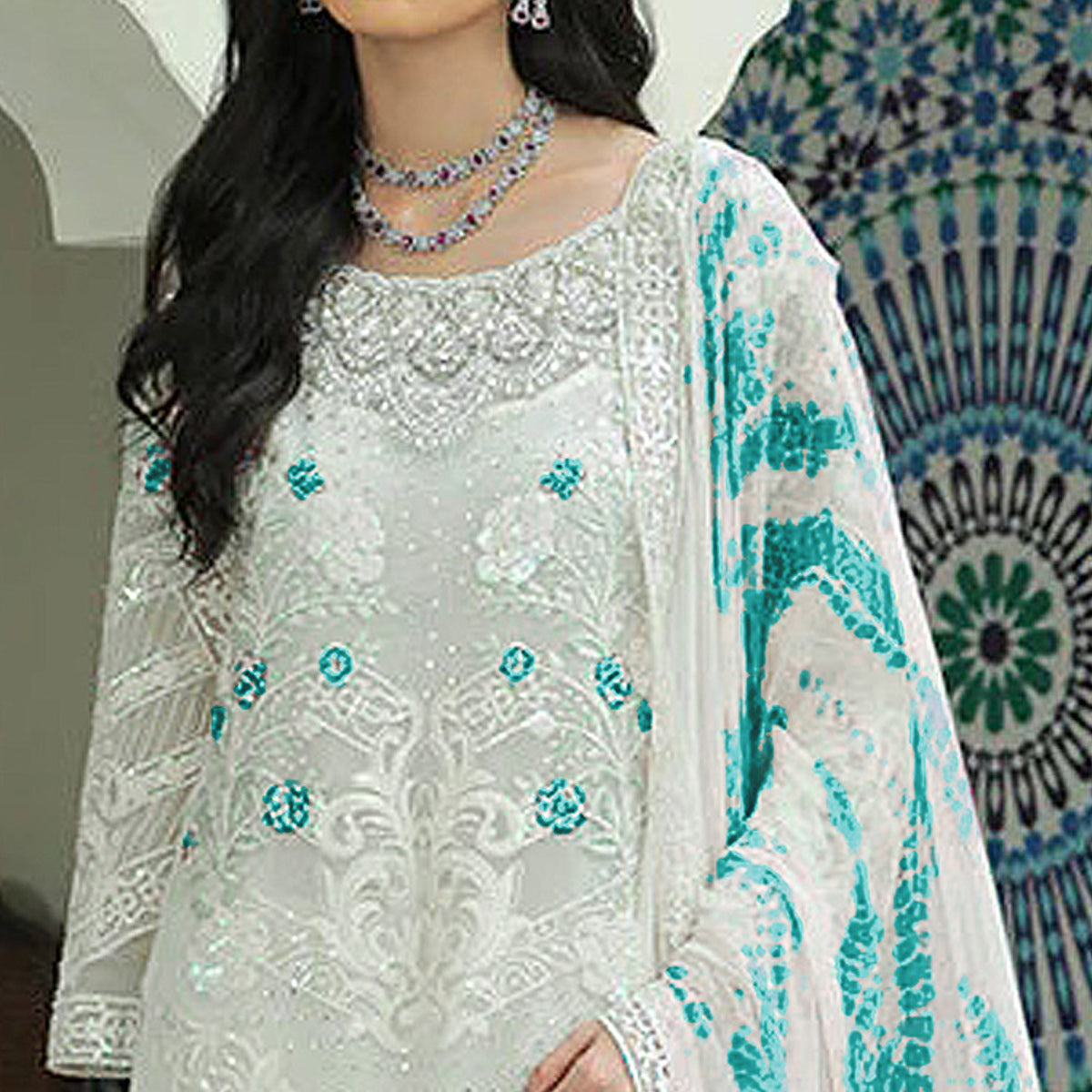 White Sequins Embroidered Georgette Pakistani Suit
