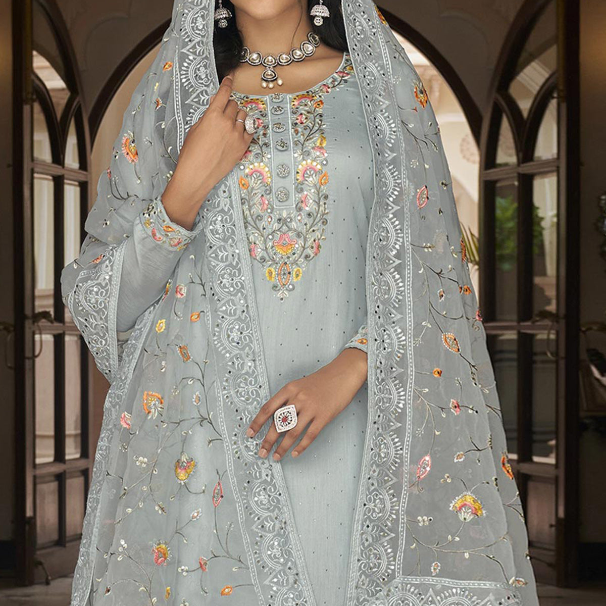 Grey Floral Embroidered Georgette Salwar Suit