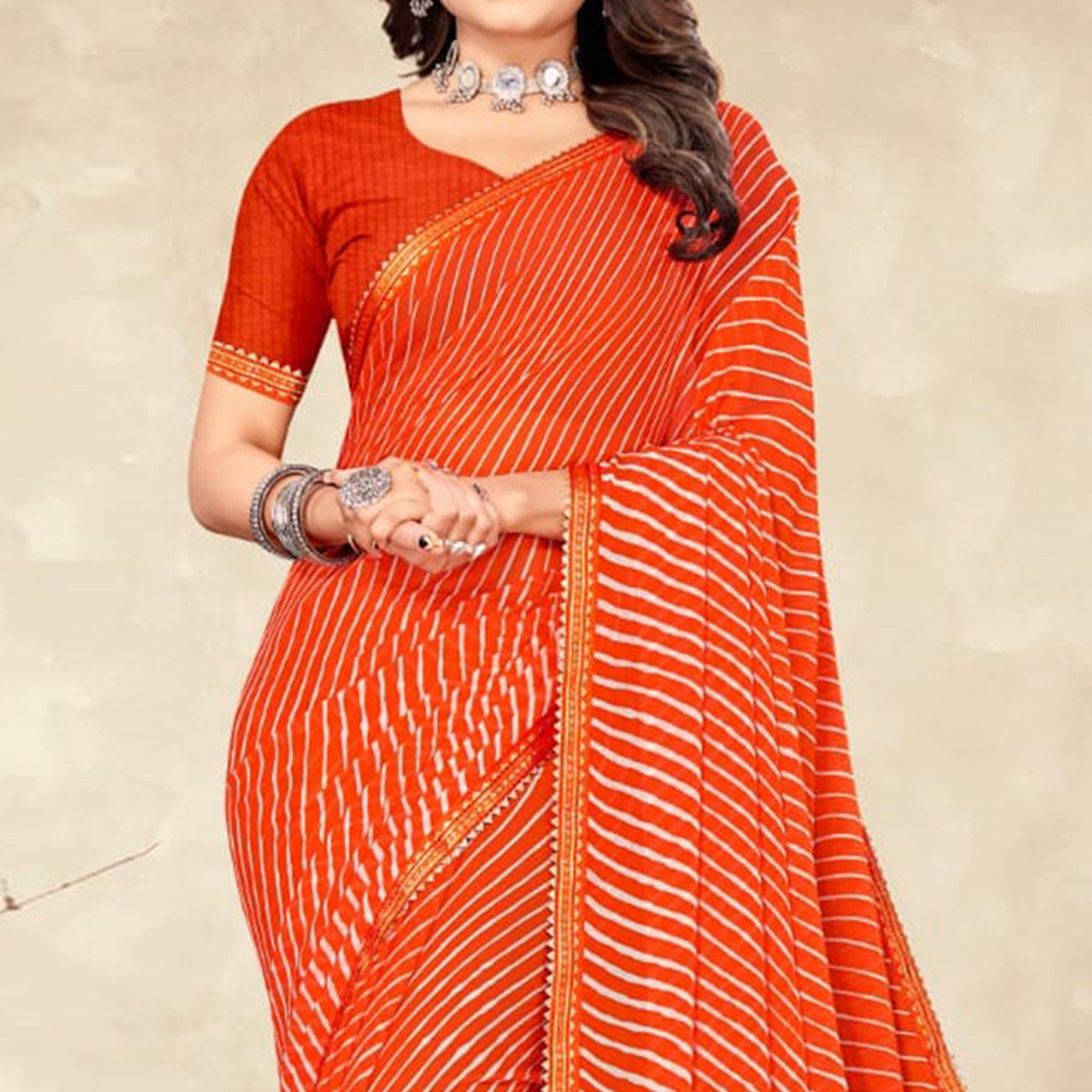 Orange Striped Printed Chiffon Saree